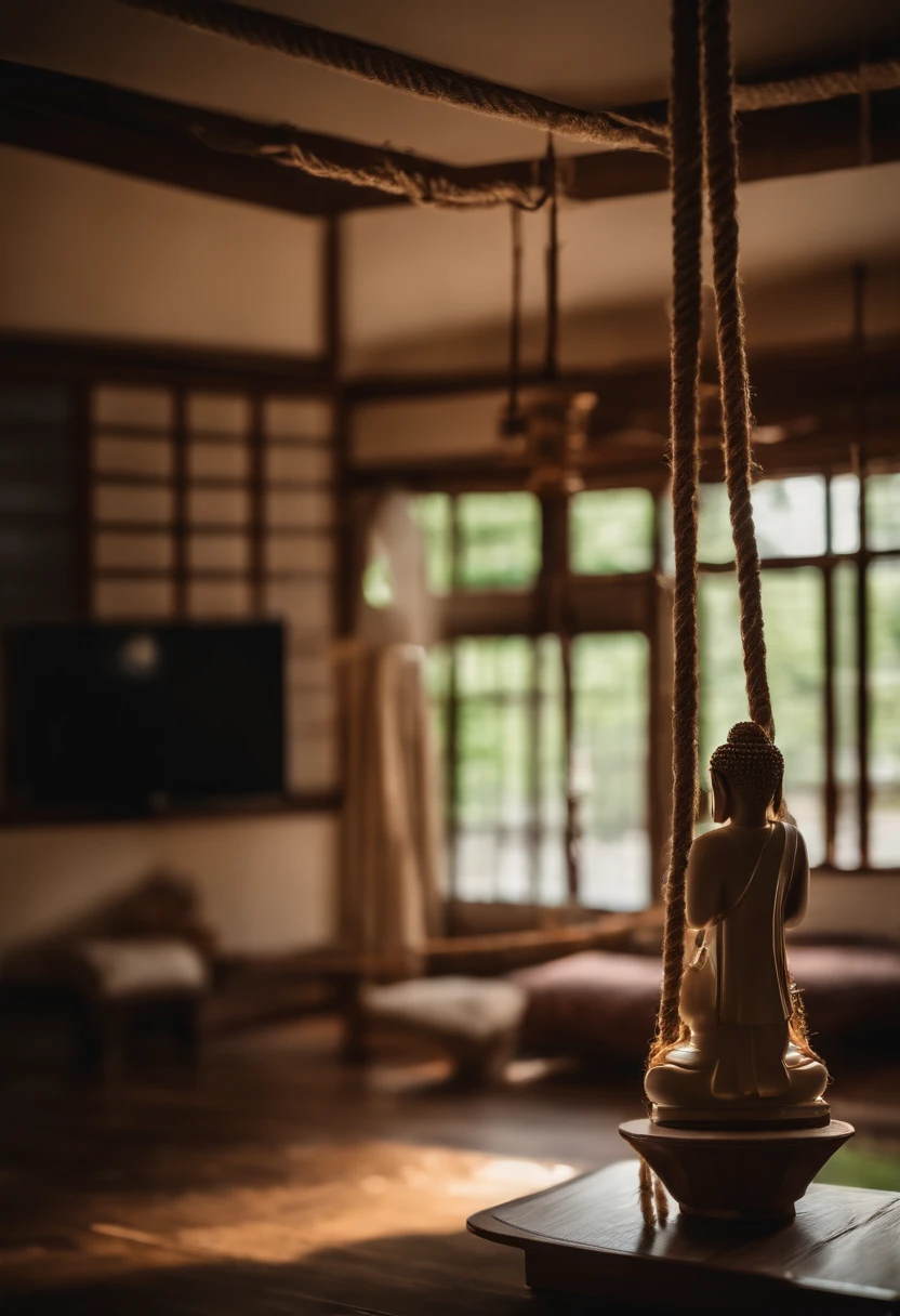In the living room of a newly built Japanese house、Three hanging ropes are hanging down.、Husband, waifu, and 、Pray with your hands together to the Japanese Buddha、