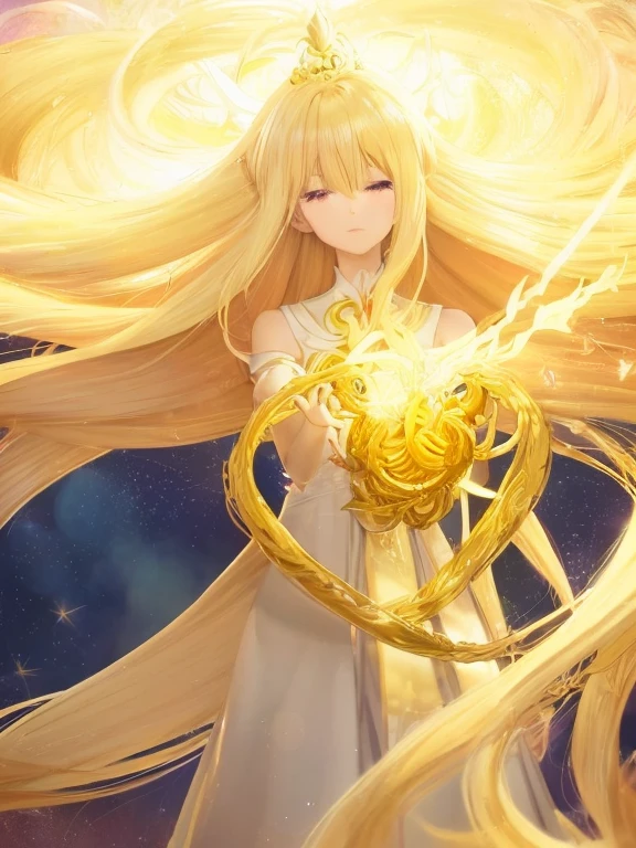 animemanga girl，long Brond Hair，Wearing a white dress, Blonde long hair anime girl, glowing flowing hair, flowing glowing hair, golden hair blowing in the wind, Anime rapunzel girl, blond-haired princess, anime goddess, Long flowing hair, Glowing long hair, beautiful anime art, beautiful anime art style, beautiful anime artwork, Zodiac Girl Knight Portrait