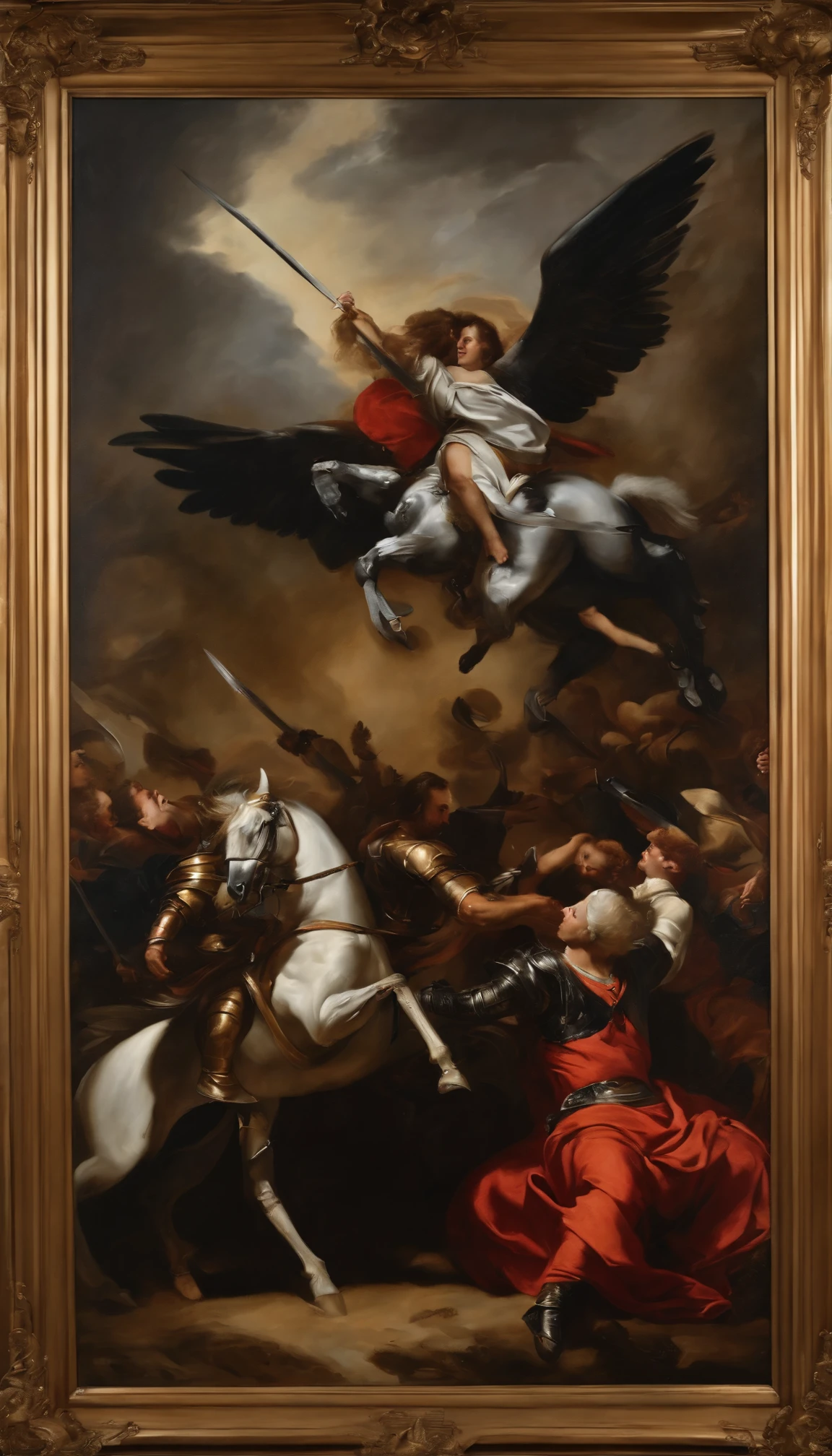 an oil painting, A breathtaking masterpiece, Vivid, Caravaggio, 8K,angelicales,Lots of people,Fallen Angel,Duel Knight Battle Angel vs Human Multiplayer Knight