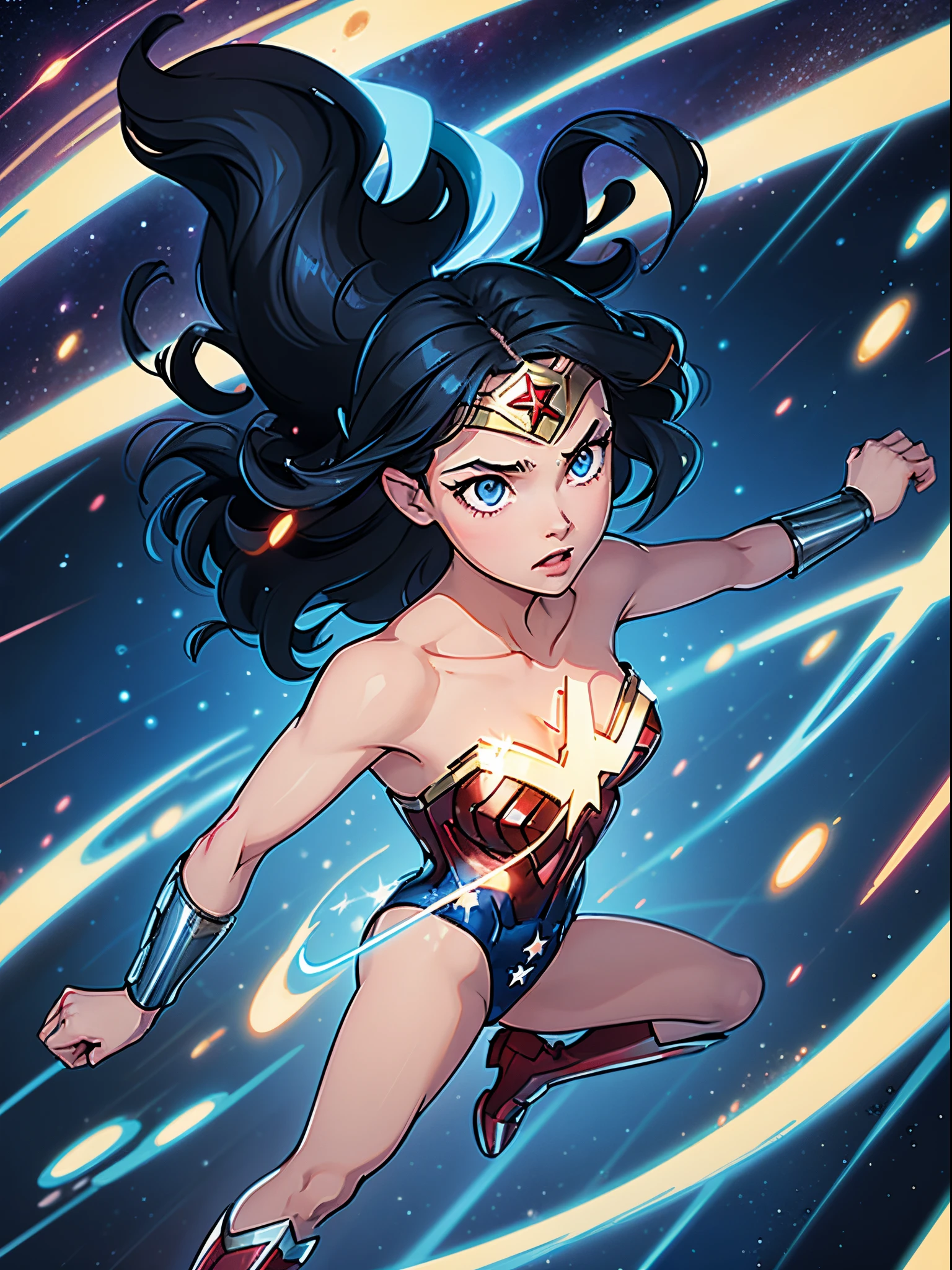 1girl, wonder woman, black hair, long hair, blue eyes, leotard, bare legs, boots, gloves, space, solo, single, spread arms, standing, spinning like a tornado, light particles, sparkling, super speed, solo, single, speed lines, rapid gyration, tornado spin, light swirls, superpower