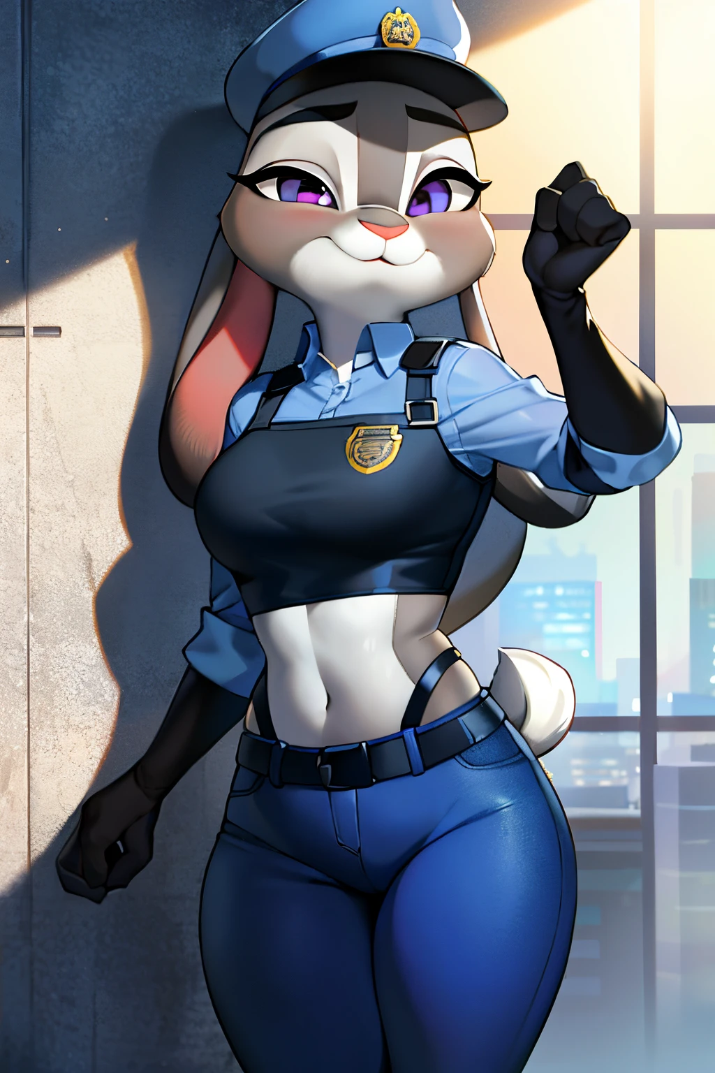 best quality, master part, sozinho, 1girl, JudyHopps, police uniform, police hat, behind the position, hands against the wall, s office, office background at night, Noite, tight pants, Looking at the Viewer, corar, olhar preocupado, rabo de coelho, estilo dagasi