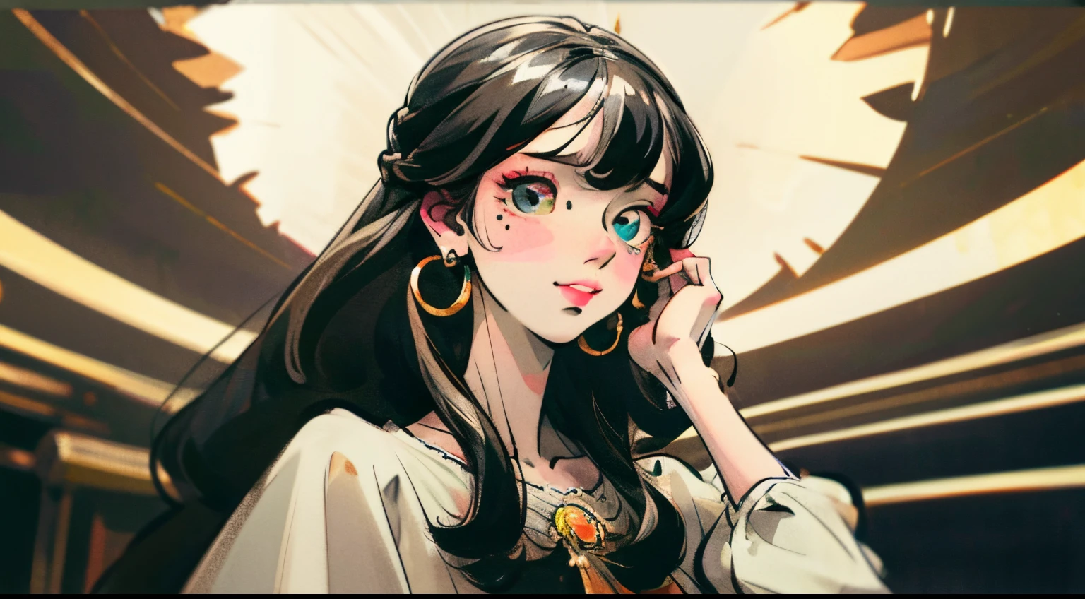 streaked hair, very long hair, mask on head, mole under eye, heterochromia, crystal earrings, hoop earrings, puckered lips, seductive smile, anime, rococo style, Minimalism, Tonalism, chiaroscuro, depth of field, motion blur, zoom layer, wide shot, Sony FE GM, high details, high quality