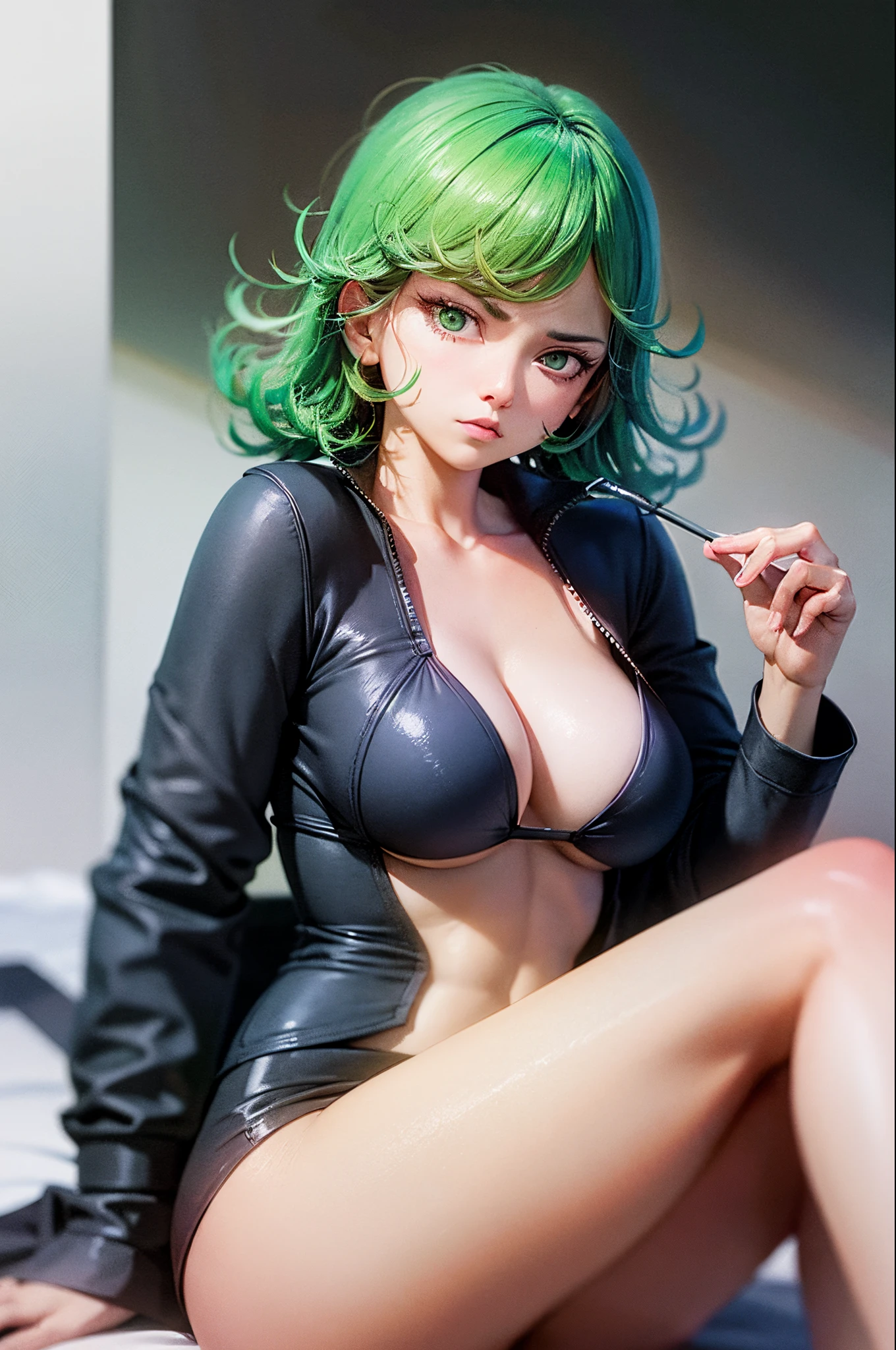 (masterpiece, best quality:1.2), solo, 1girl, tatsumaki, unamused, closed mouth, looking at viewer, hand on own face, sitting, crossed legs,black bikini