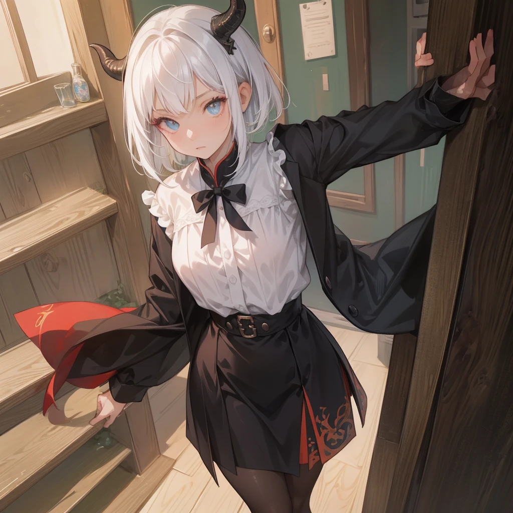 (melhor qualidade: 1.0), (super high res: 1.0), 1girl, personagem extremamente detalhado, detailed hands, Half-dragon girl, chifres, Dragon horns, Girl with black dragon tail, Black dragon tail, Cabelo extremamente detalhado, cabelo curto, ((short hair)), ((cabelos brancos)), ((mechas da cor preta)), olhos extremamente detalhados, olho com cores diferentes, Heterocromia, Olho direito de cor branca, Olho esquerdo de cor preta, dragon eyes, 2D, Arte de Anime, ((barnet)), ((corpo inteiro)), standing on her feet, medieval, RPG, pequena, (baixa), (Altura Pequena), peitos pequenos, (adolescente), olhar morto, grim expression, look of tiredness, Expressionless look, camisa de manga comprida, Black jacket, brincos de estrela + Branco, medieval chinese dress + preto, pantyhose + black + white, salto alto, capa preta