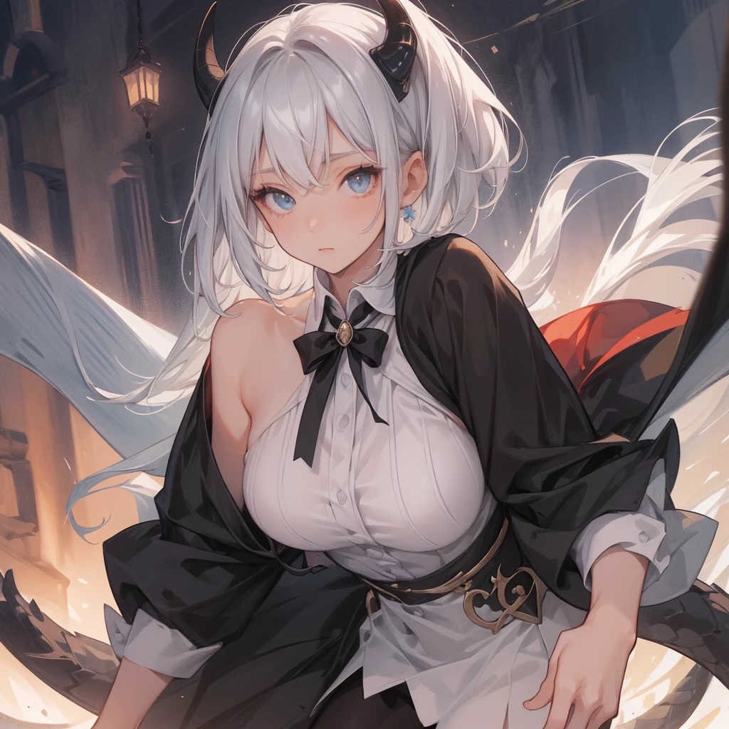 (melhor qualidade: 1.0), (super high res: 1.0), 1girl, personagem extremamente detalhado, detailed hands, Half-dragon girl, chifres, Dragon horns, Girl with black dragon tail, Black dragon tail, Cabelo extremamente detalhado, cabelo curto, ((short hair)), ((cabelos brancos)), ((mechas da cor preta)), olhos extremamente detalhados, olho com cores diferentes, Heterocromia, Olho direito de cor branca, Olho esquerdo de cor preta, dragon eyes, 2D, Arte de Anime, ((barnet)), ((corpo inteiro)), standing on her feet, medieval, RPG, pequena, (baixa), (Altura Pequena), peitos pequenos, (adolescente), olhar morto, grim expression, look of tiredness, Expressionless look, camisa de manga comprida, Black jacket, brincos de estrela + Branco, medieval chinese dress + preto, pantyhose + black + white, salto alto, capa preta
