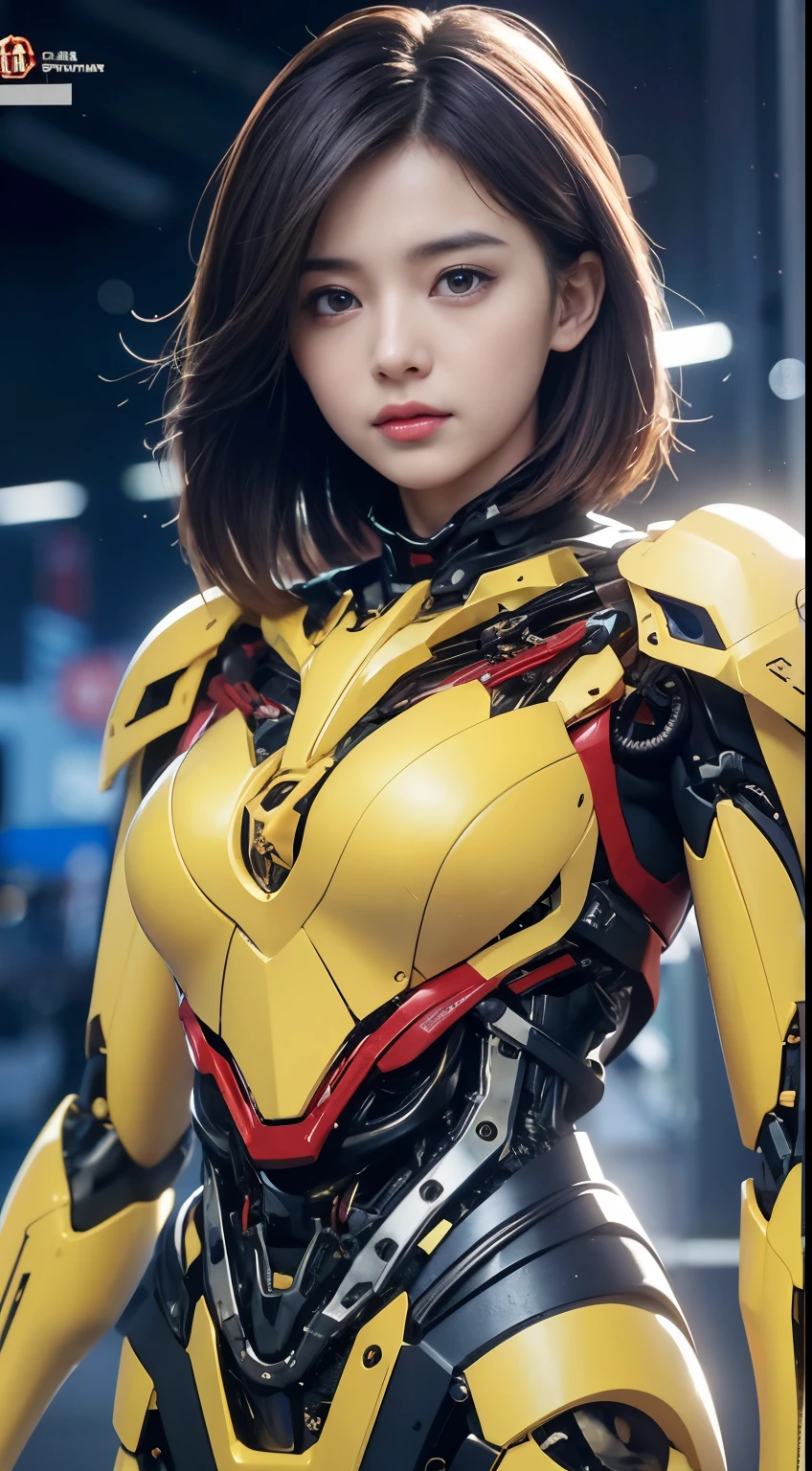 (1 Mechanical Girl)、top-quality、masterpiece、超A high resolution、(Photorealsitic:1.4)、Raw photo、女の子1人、Golden hair、glowy skin、(((1 Mechanical Girl)))、(LED Lamp Mechanical Helmet)、(Small LED)、((super realistic details))、portlate、globalillumination、Shadow、octan render、8K、ultrasharp、Colossal tits、Raw skin is exposed in cleavage、metals、Details of complex ornaments、Japan details、highly intricate detail、Realistic light、CGSoation Trends、Red Eyes、radiant eyes、Facing the camera、neon details、(Mechanical limbs)、(blood vessels connected to tubes)、Mechanical vertebrae attached to the back、mechanical cervical attaching to neck、(Wires and cables connecting to the head)、Gundam、Small LED、,Mechanical thighs、Toostock、