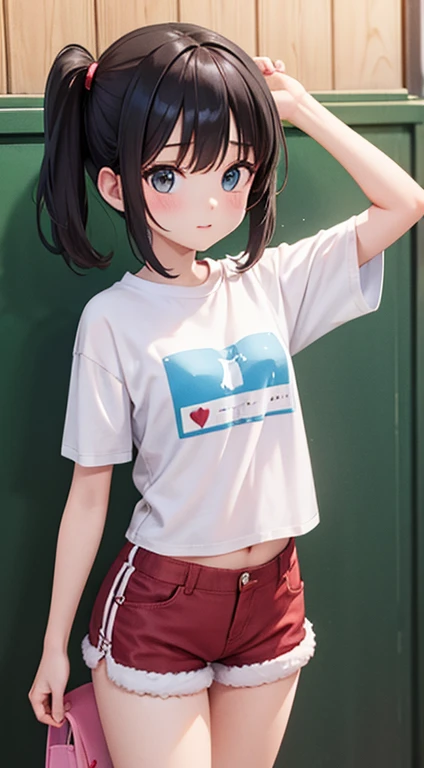 A cute girl is wearing hot pants and a short T-shirt