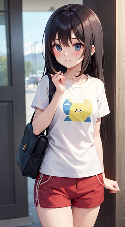 A cute girl is wearing hot pants and a short T-shirt