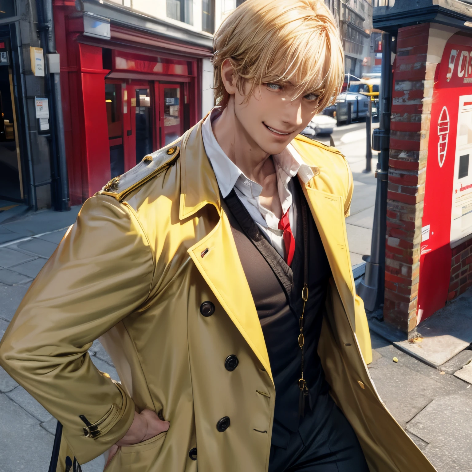 1 man, solo, John Constantine, British man, tall, fit muscle, big baggy faded plain yellow trench coat, loose long red tie, loose untidy white shirt, black trousers, making a fireball out of his right hand, smirks, light blond hair, crew cut hair style, hades style fire, dark Liverpool street in the background, best quality, 4k, upper body shot, wallpaper