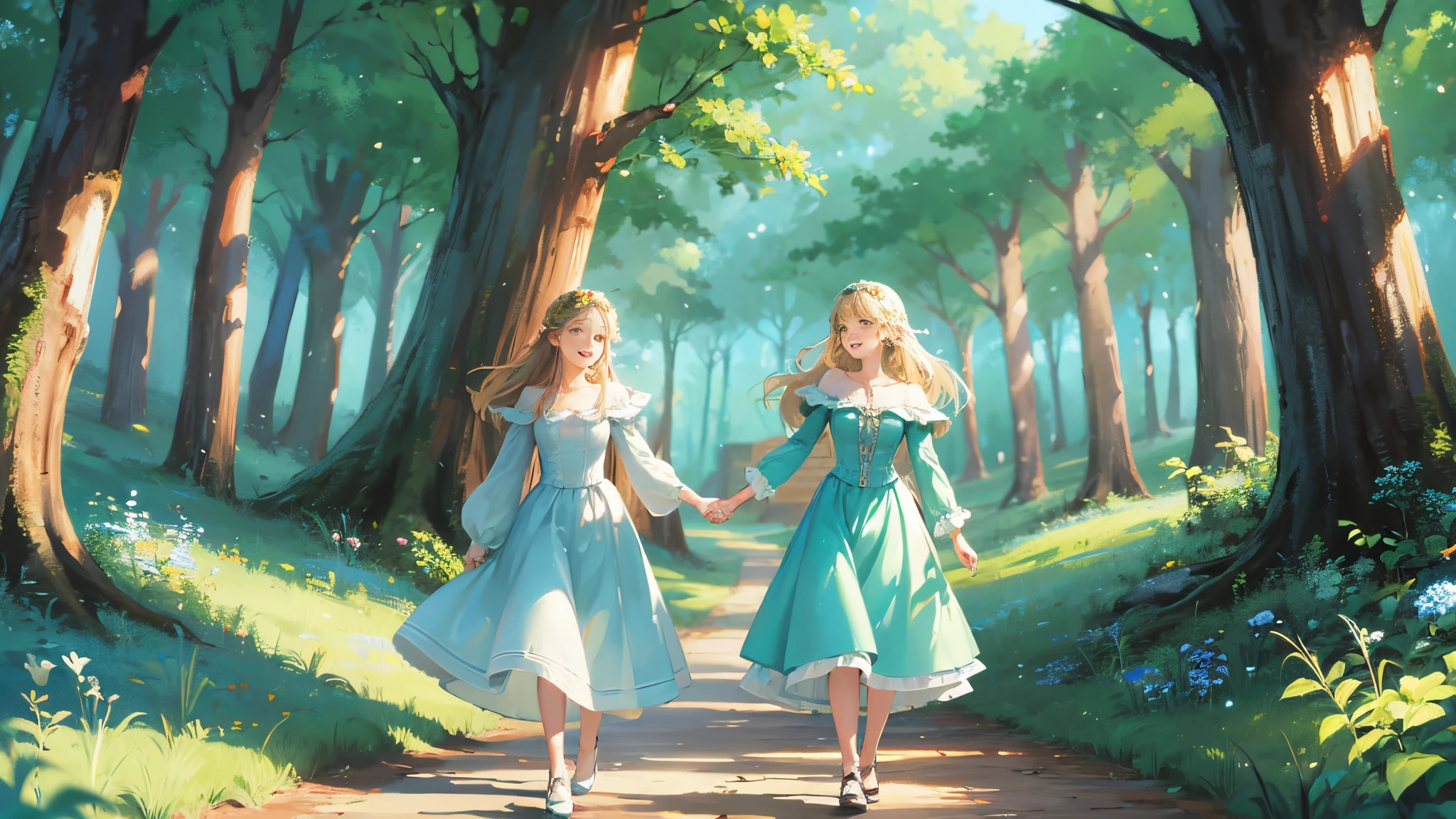 happy man and woman holding hands side by side in a forest full of many trees and lots of greenery and lots of birds and blue sky image in pixar drawing model --auto --s2