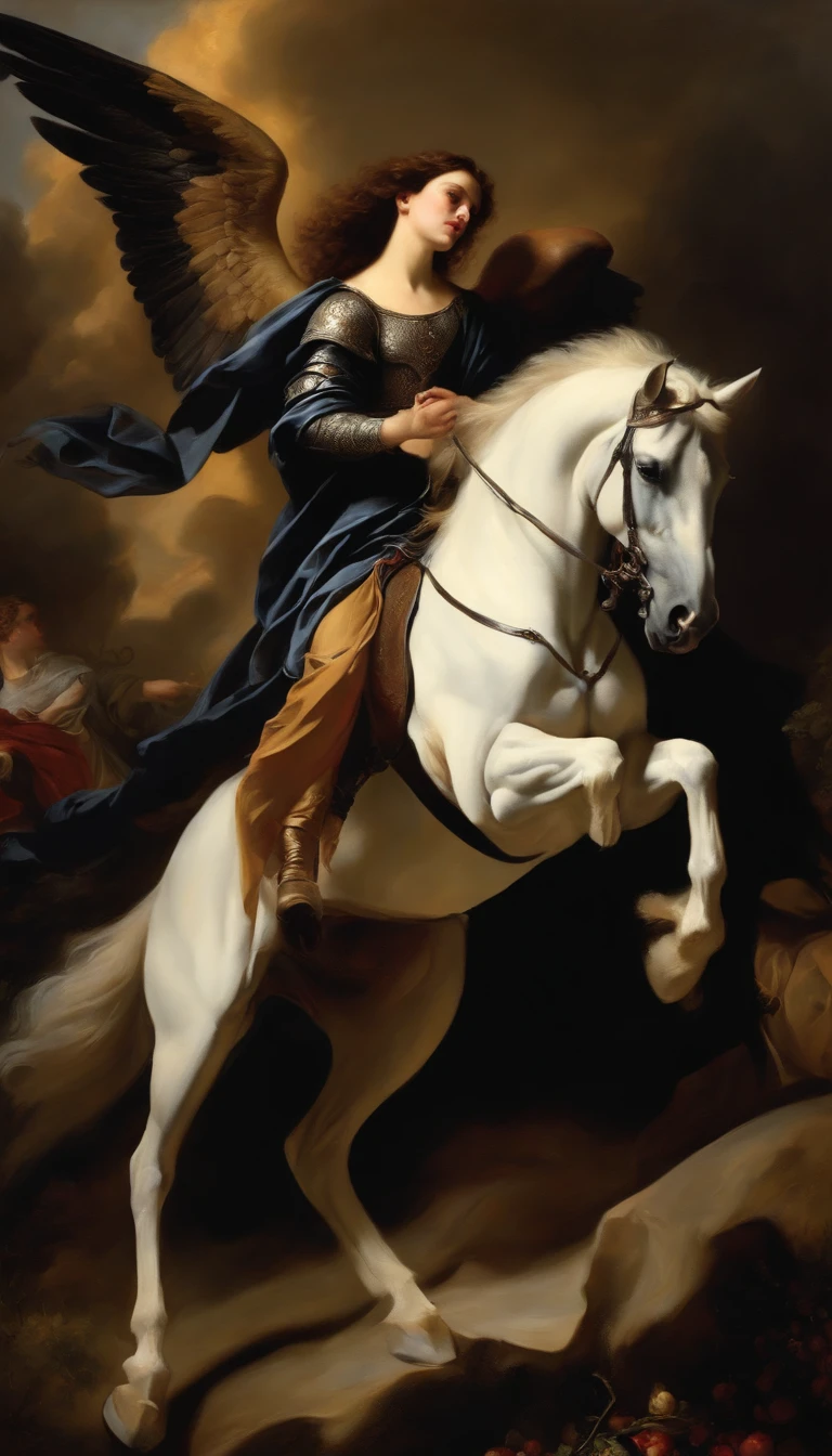 an oil painting,, A breathtaking masterpiece, Vivid, Caravaggio, 8K,angelicales,Lots of people,Fallen Angel,female knight riding a black horse,and an angel,looking left,White Angel
