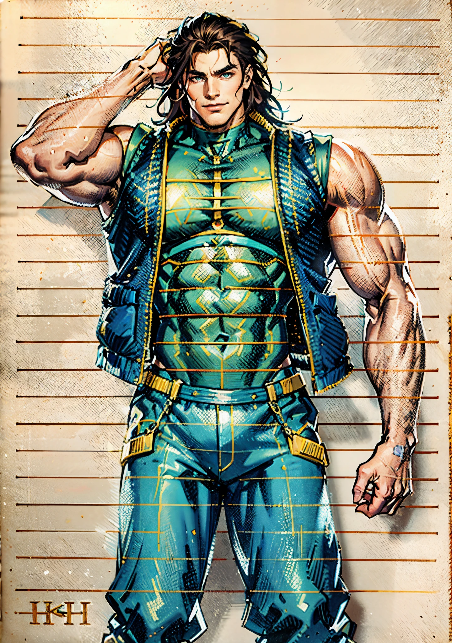 A young man, long black hair, a cheerful smile, thick and arched eyebrows, squinted eyes, brown skin, a sturdy physique, an open plain brown vest, revealing his muscular body, his right hand rests on the back of his head, a loose utility pants, the background depicts a lively fantasy-style street, this character embodies a finely crafted fantasy-style worker in anime style, exquisite and mature manga art style, high definition, best quality, highres, ultra-detailed, ultra-fine painting, extremely delicate, professional, anatomically correct, symmetrical face, extremely detailed eyes and face, high quality eyes, creativity, RAW photo, UHD, 8k, Natural light, cinematic lighting, masterpiece-anatomy-perfect, masterpiece:1.5