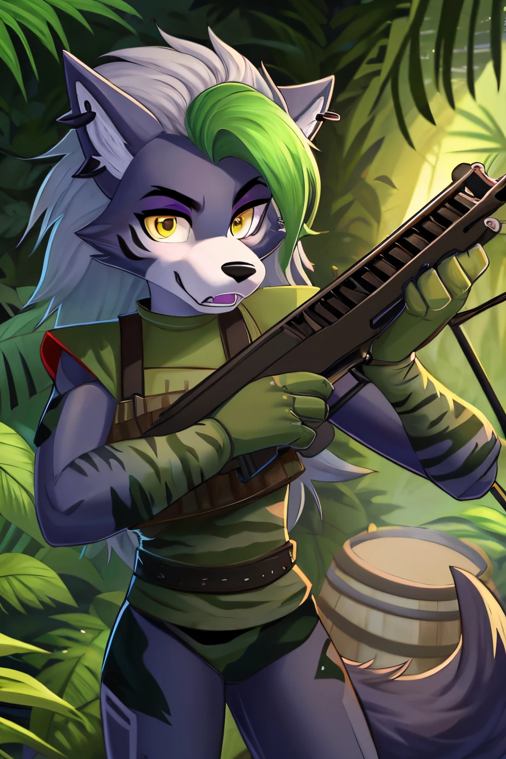 best quality, fnafroxanne, furry female, body fur, makeup, wolf ears, wolf tail, grey hair, green hair, yellow eyes, clear image, wearing a U.S. military uniform (Vietnam War era), Jungle camouflage, M16 rifle (Sleek, black synthetic stock, carrying handle, slender barrel), Dense jungle environment, Determined and focused expression