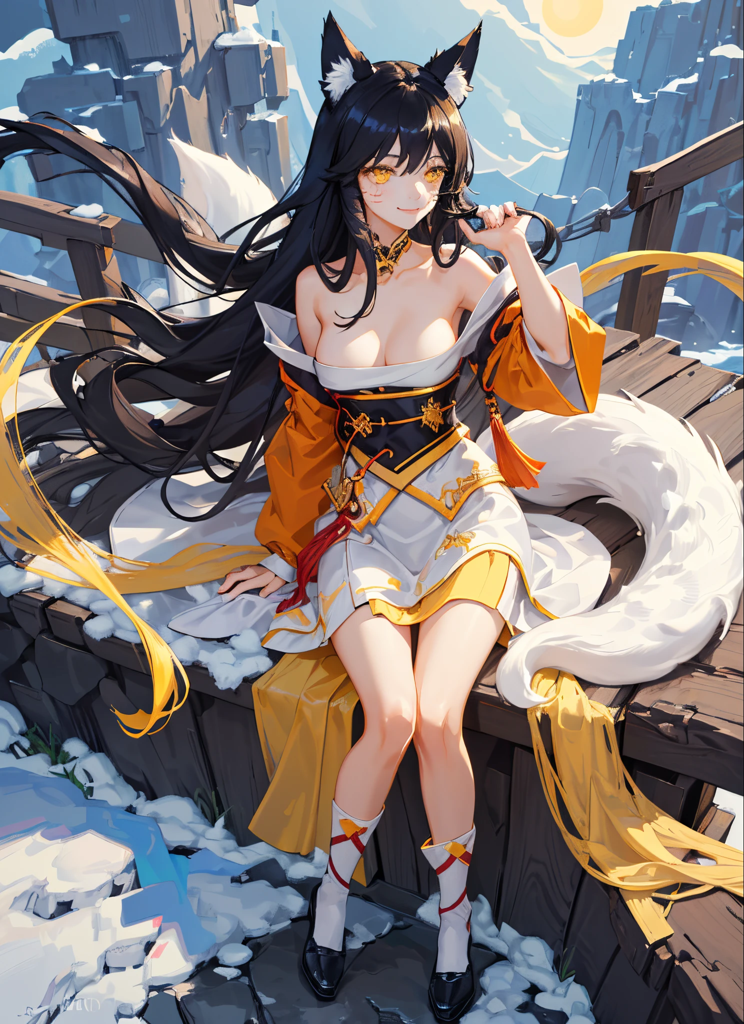 masterpiece,best quality,1girl,yellow eyes,long hair,(Ari),black hair,sitting,small smile,natural,hair accessory,animal ears,bridge,best best quality,1 busty girl,inksahli, Multiple tails, fox tails, Korean clothes, skirts, weaves, will seduce a smile,