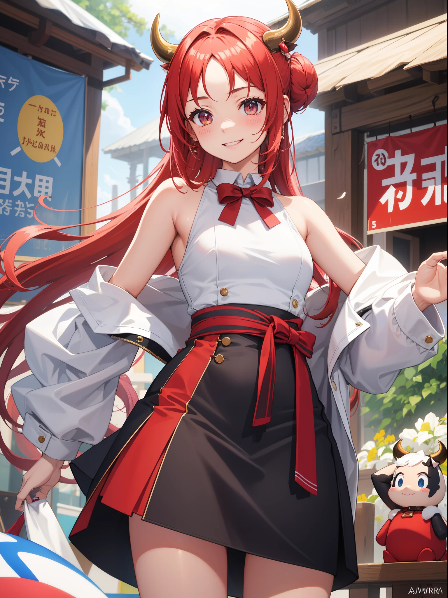 tmasterpiece, Best quality at best, A high resolution, amira, long whitr hair, Pin the bangs at the back of the head, Top knot, forehead, Collar, Bare shoulders, Chopping, red mini short , exercise well,the bow, Sleeveless, cow boy shot, Permanent, Outdoor activities, Riman, ssmile, the shy, A blushing smile,Show butt