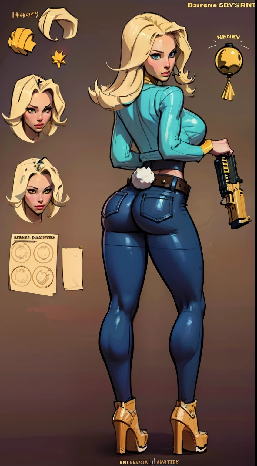 very beautiful young female twin in futuristic jumpsuit with a revolver in each hands in shooting position, back view leaning forward