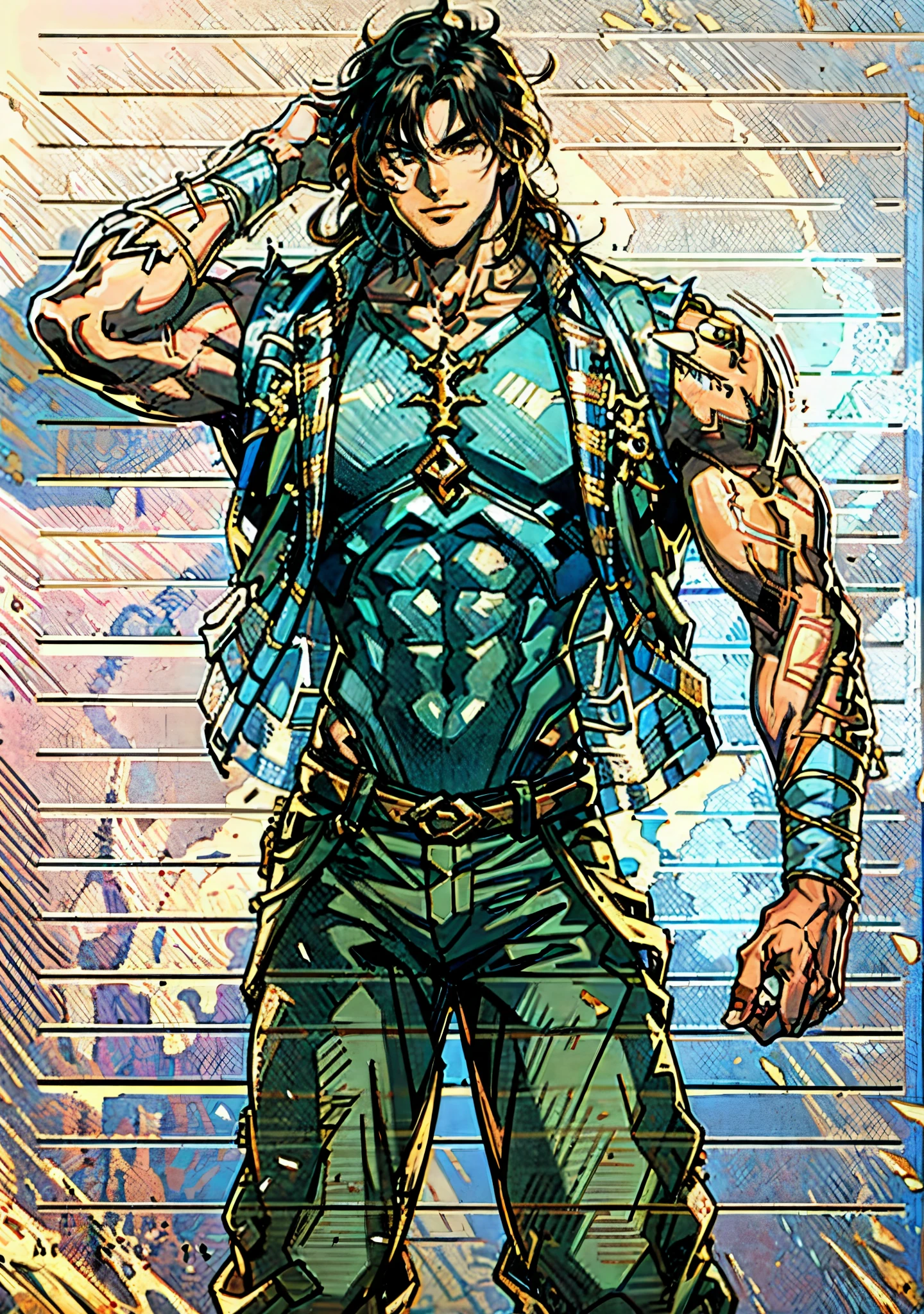 A young man, long black hair, a cheerful smile, thick and arched eyebrows, squinted eyes, brown skin, a sturdy physique, an open plain brown vest, revealing his muscular body, his right hand rests on the back of his head, a loose utility pants, the background depicts a lively fantasy-style street, this character embodies a finely crafted fantasy-style worker in anime style, exquisite and mature manga art style, high definition, best quality, highres, ultra-detailed, ultra-fine painting, extremely delicate, professional, anatomically correct, symmetrical face, extremely detailed eyes and face, high quality eyes, creativity, RAW photo, UHD, 8k, Natural light, cinematic lighting, masterpiece-anatomy-perfect, masterpiece:1.5