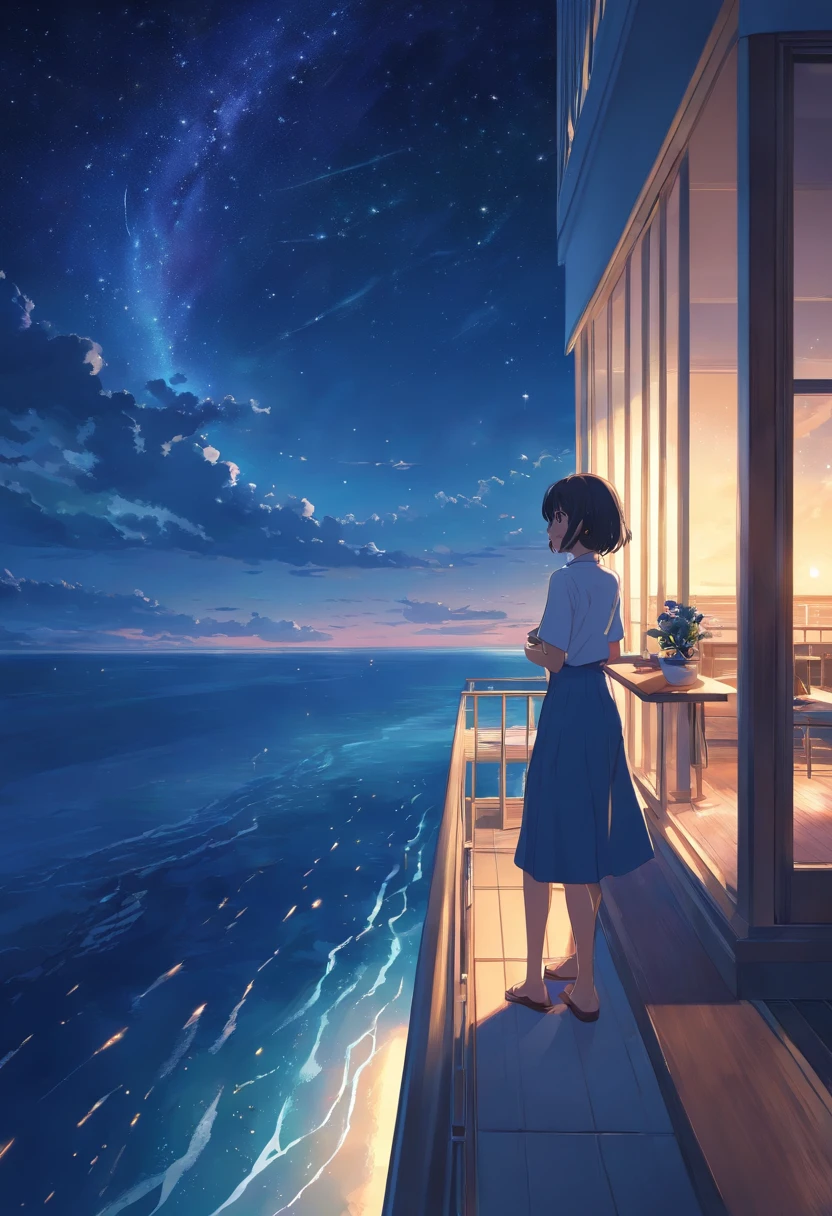 View from the balcony of a luxury hotel、A starry sky and the night sea float on a moonlit night　faint light shining through the window