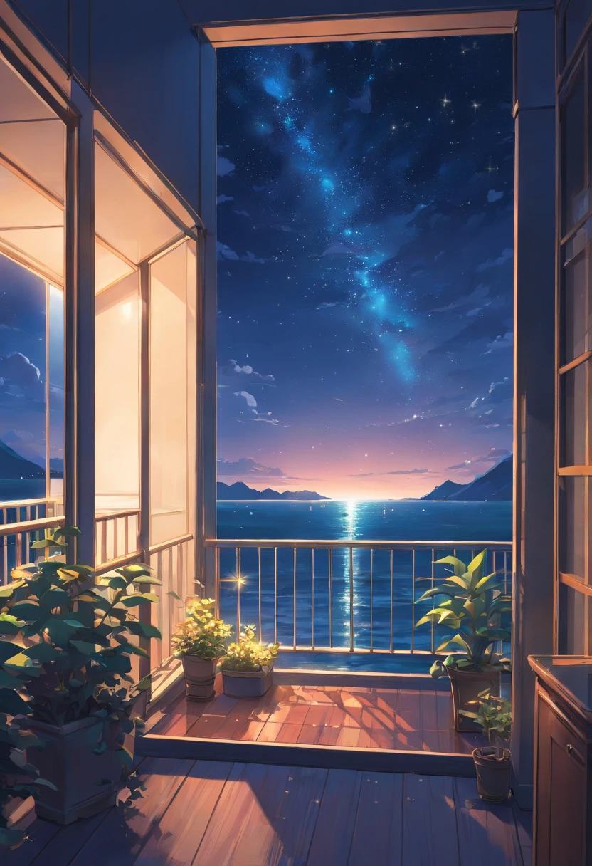 View from the balcony of a luxury hotel、A starry sky and the night sea float on a moonlit night faint light shining through the window