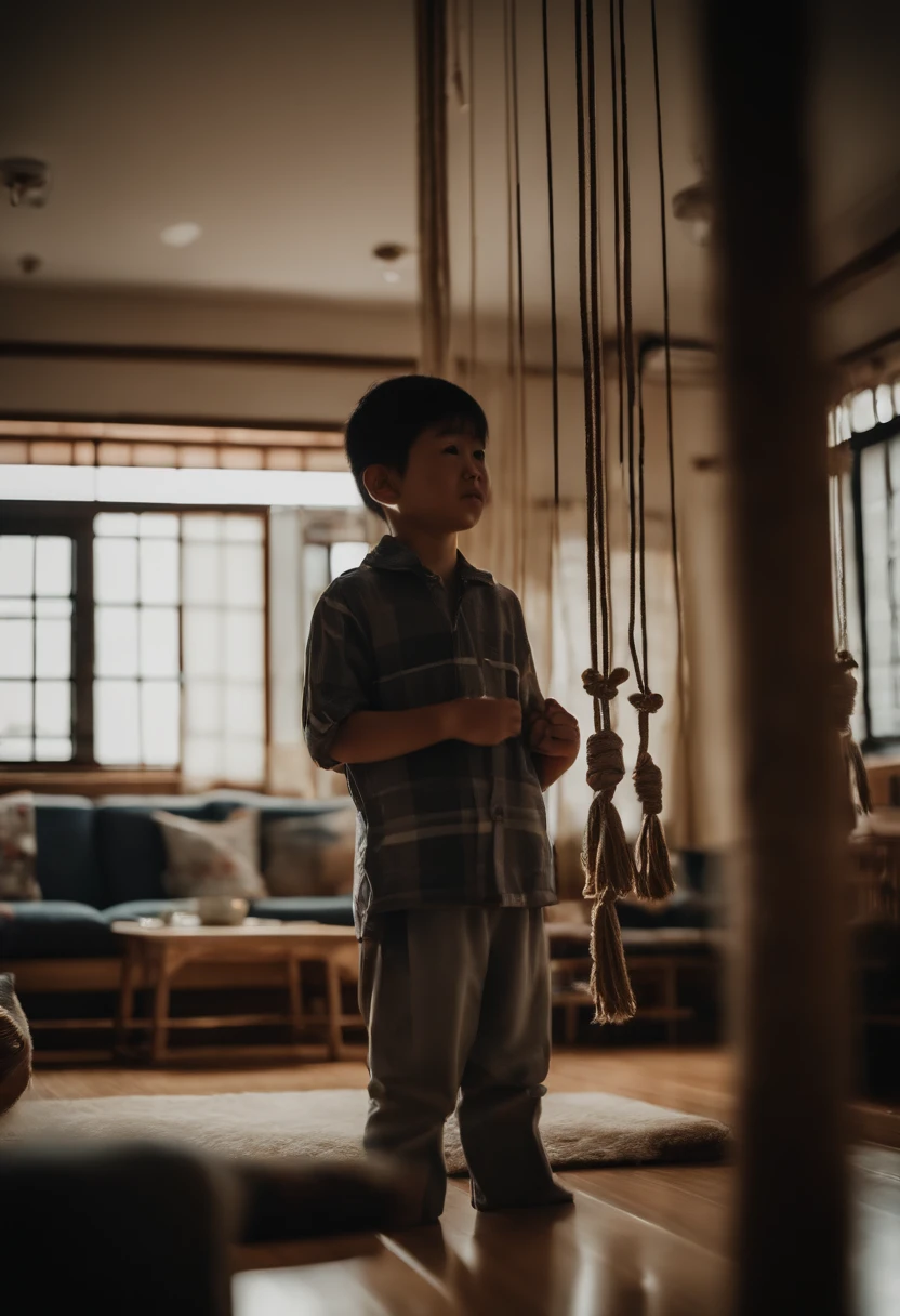 In the living room of a newly built Japanese apartment、Three hanging ropes are hanging down.、husband wearing clothes, waifu, and 、Pray with your hands together to the Japanese Buddha、