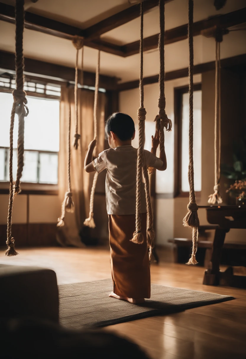 In the living room of a newly built Japanese apartment、Three hanging ropes are hanging down.、husband wearing clothes, waifu, and 、Pray with your hands together to the Japanese Buddha、