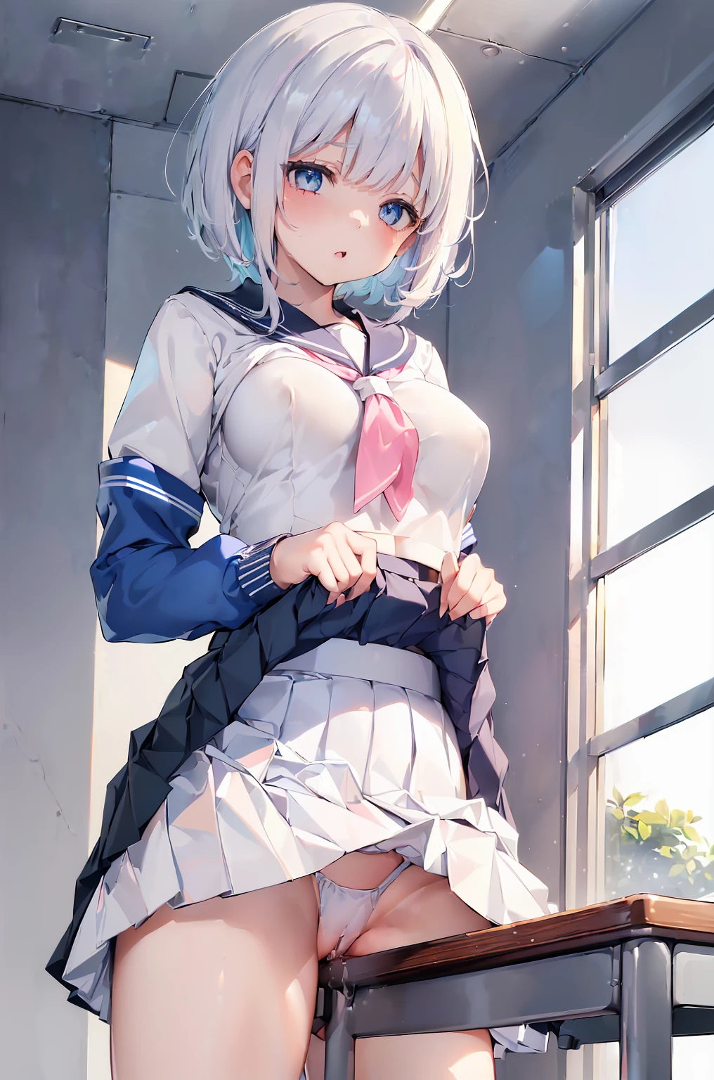 1girl, (table humping:1.5), (crotch rub:1.2), ((School_uniform), (sailor_suit), (Miniskirt) Class room, white panties, (skirt lift:1.5), (White hair and blue highlights),cyan eyes, medium, short hair, solo, (medium breasts:1.2),  table, lifting,(suggestive fluid), masterpiece, best quality, highly detailed, (panting:1.2)