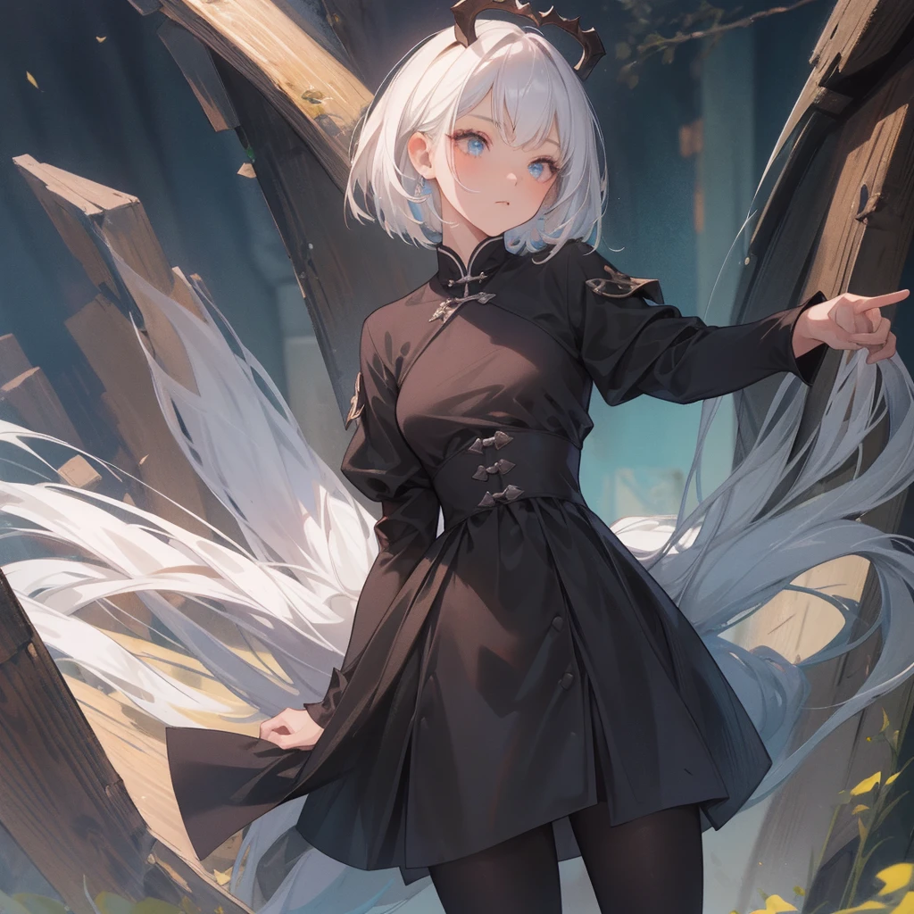 (melhor qualidade: 1.0), (super high res: 1.0), 1girl, personagem extremamente detalhado, detailed hands, Half-dragon girl, chifres, Dragon horns, Girl with black dragon tail, Black dragon tail, Cabelo extremamente detalhado, cabelo curto, ((short hair)), ((cabelos brancos)), ((mechas da cor preta)), olhos extremamente detalhados, olho com cores diferentes, Heterocromia, Olho direito de cor branca, Olho esquerdo de cor preta, dragon eyes, 2D, Arte de Anime, ((barnet)), ((full body)), standing on her feet, medieval, RPG, pequena, (baixa), (Altura Pequena), peitos pequenos, (adolescente), olhar morto, grim expression, look of tiredness, expressionless look, camisa de manga comprida, Black jacket, brincos de estrela + Branco, medieval chinese dress + preto, pantyhose + black + white, salto alto, capa preta