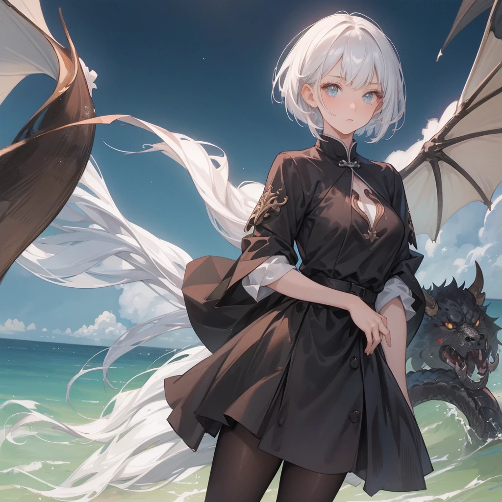 (melhor qualidade: 1.0), (super high res: 1.0), 1girl, personagem extremamente detalhado, detailed hands, Half-dragon girl, chifres, Dragon horns, Girl with black dragon tail, Black dragon tail, Cabelo extremamente detalhado, cabelo curto, ((short hair)), ((cabelos brancos)), ((mechas da cor preta)), olhos extremamente detalhados, olho com cores diferentes, Heterocromia, Olho direito de cor branca, Olho esquerdo de cor preta, dragon eyes, 2D, Arte de Anime, ((barnet)), ((full body)), standing on her feet, medieval, RPG, pequena, (baixa), (Altura Pequena), peitos pequenos, (adolescente), olhar morto, grim expression, look of tiredness, expressionless look, camisa de manga comprida, Black jacket, brincos de estrela + Branco, medieval chinese dress + preto, pantyhose + black + white, salto alto, capa preta
