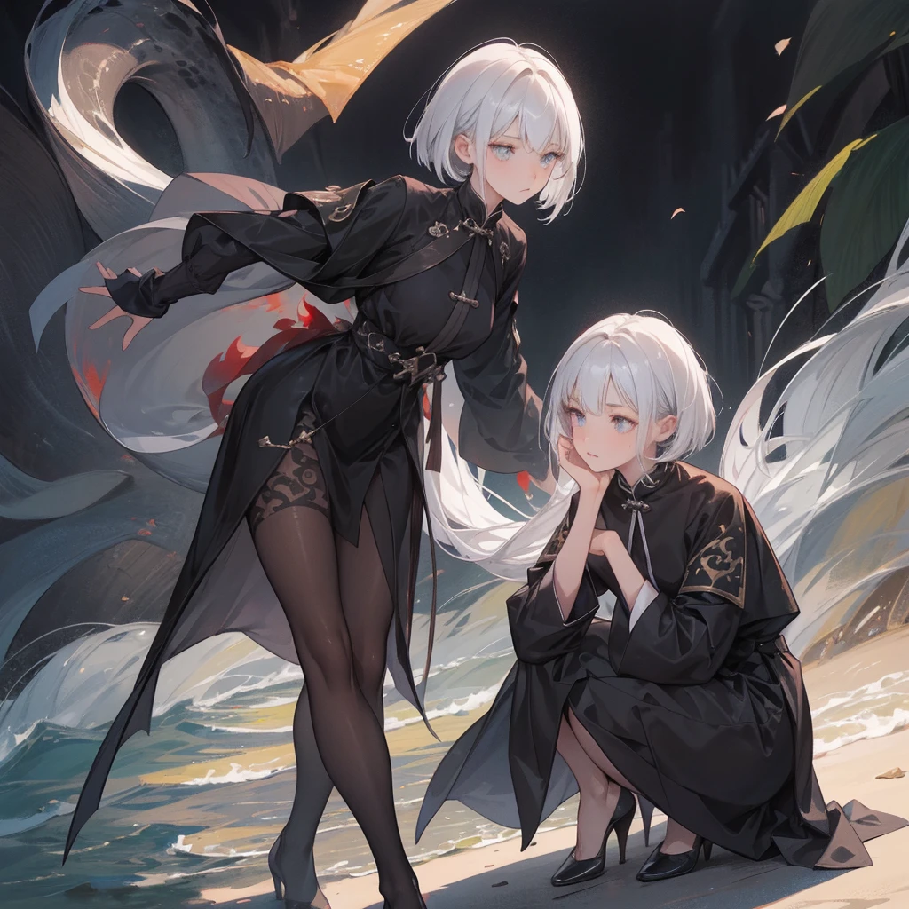 (melhor qualidade: 1.0), (super high res: 1.0), 1girl, personagem extremamente detalhado, detailed hands, Half-dragon girl, chifres, Dragon horns, Girl with black dragon tail, Black dragon tail, Cabelo extremamente detalhado, cabelo curto, ((short hair)), ((cabelos brancos)), ((mechas da cor preta)), olhos extremamente detalhados, olho com cores diferentes, Heterocromia, Olho direito de cor branca, Olho esquerdo de cor preta, dragon eyes, 2D, Arte de Anime, ((barnet)), ((full body)), standing on her feet, medieval, RPG, pequena, (baixa), (Altura Pequena), peitos pequenos, (adolescente), olhar morto, grim expression, look of tiredness, expressionless look, camisa de manga comprida, Black jacket, brincos de estrela + Branco, medieval chinese dress + preto, pantyhose + black + white, salto alto, capa preta