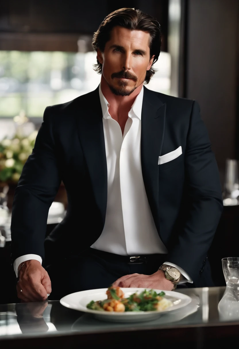 A perfectly plated, gourmet meal at a Michelin-starred restaurant,original,tall, muscular, well groomed with short stylish hair. always wearing designer business suits. looks like christian bale, male