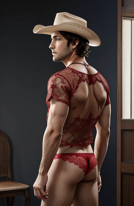 paul rudd, male nude with a cowboy hat, naked, side profile-view, full body, male red lace shirt and lace underwear, various poses, from behind, HD 8k high quality, gay