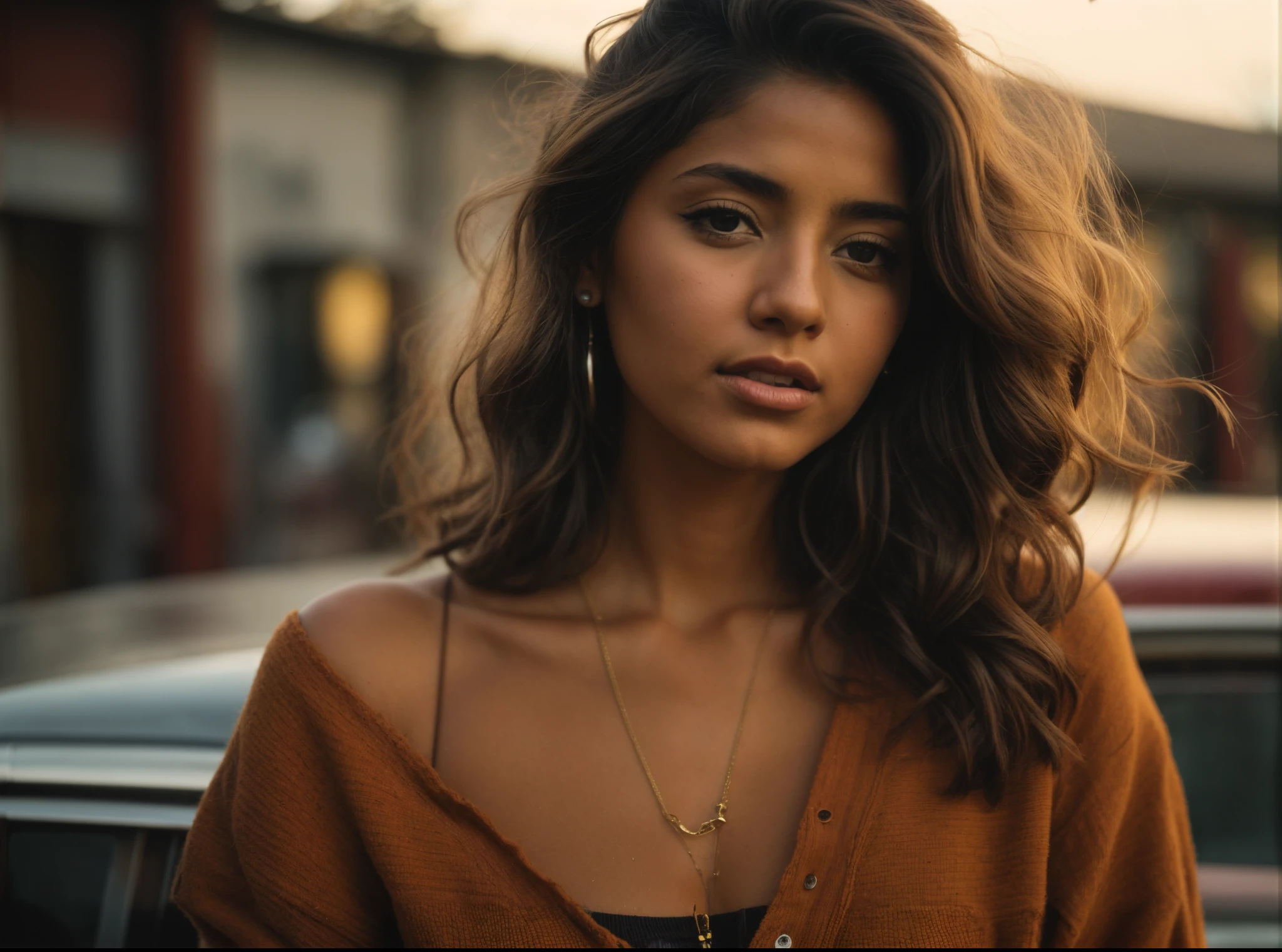 Arafed woman with long hair and a brown sweater standing in front of a car, Foto de una mujer hermosa, Hermosa cara latina, Hermosa mujer mexicana bronceada, she has olive brown skin, Mujer preciosa, indian girl with brown skin, Hermosa mujer mexicana, Retrato de belleza bronceada, Sola hermosa mujer latina, hermosa mujer hermosa, Retrato suave disparado 8K, Mujer impresionante
