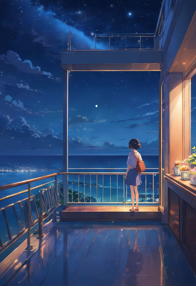 View from the large balcony of a luxury hotel、Starry sky and night sea floating on a moonlit night　faint light shining through the window