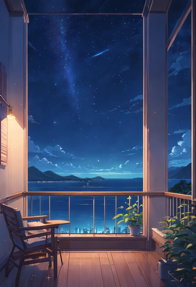 View from the large balcony of a luxury hotel、Starry sky and night sea floating on a moonlit night faint light shining through the window