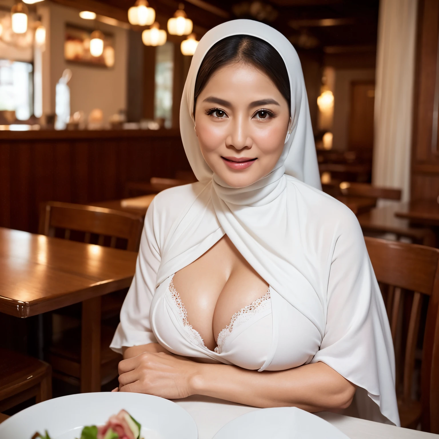 56-Years-Old,Female Restaurant owner, Hijab Beautiful Indonesian Mature Woman, Gamis, White Skin Like Porcelain, Alluring Face, Erotic Pose, Realistic Ultra Gigantic Breast : 46.9,realistic wrinkels body, PP cup Breast, Seducting Look, Soft Smiling.