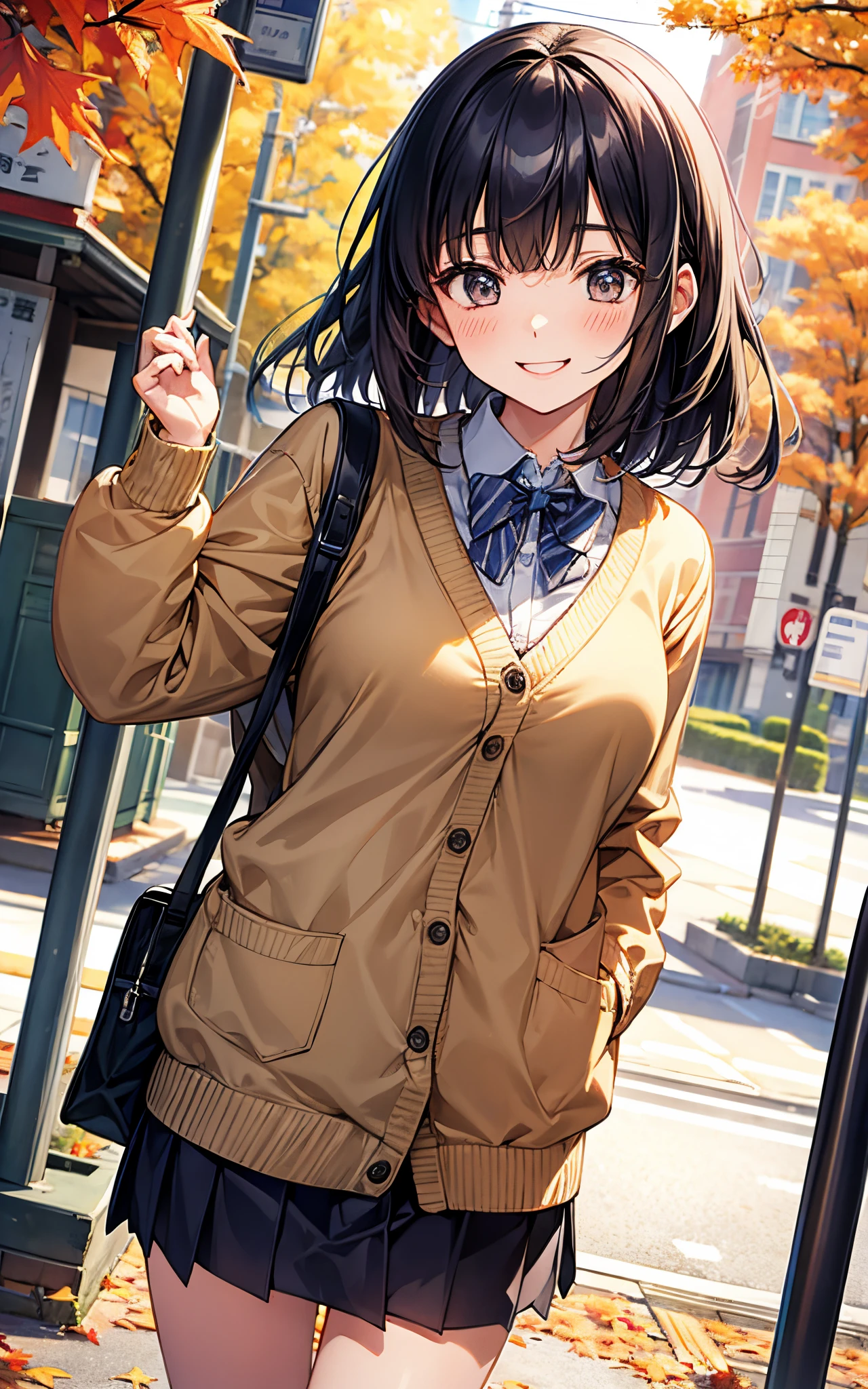 she is wearing a high school uniform、wearing a baggy cardigan。The city is in autumn leaves。Her smile is dazzling。
