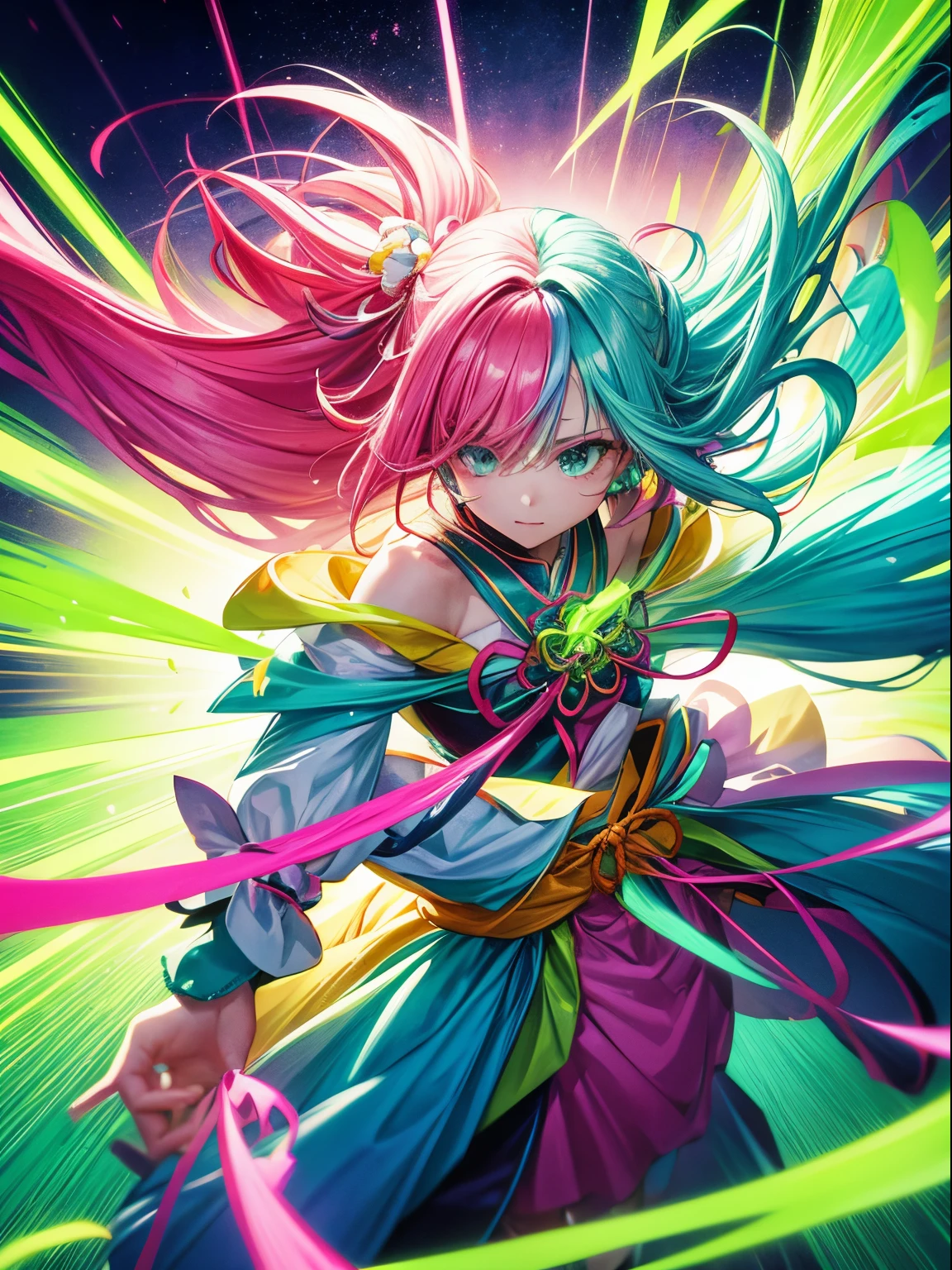 Fluorescent pink hair、Fluorescent Green Clothing、neon color、Vivid Color、western clothes、length hair、illustratio、Saturated colors、Dynamic angles、dynamicposes、Rin々Shishi Face、Dynamism、single、1人、femele
