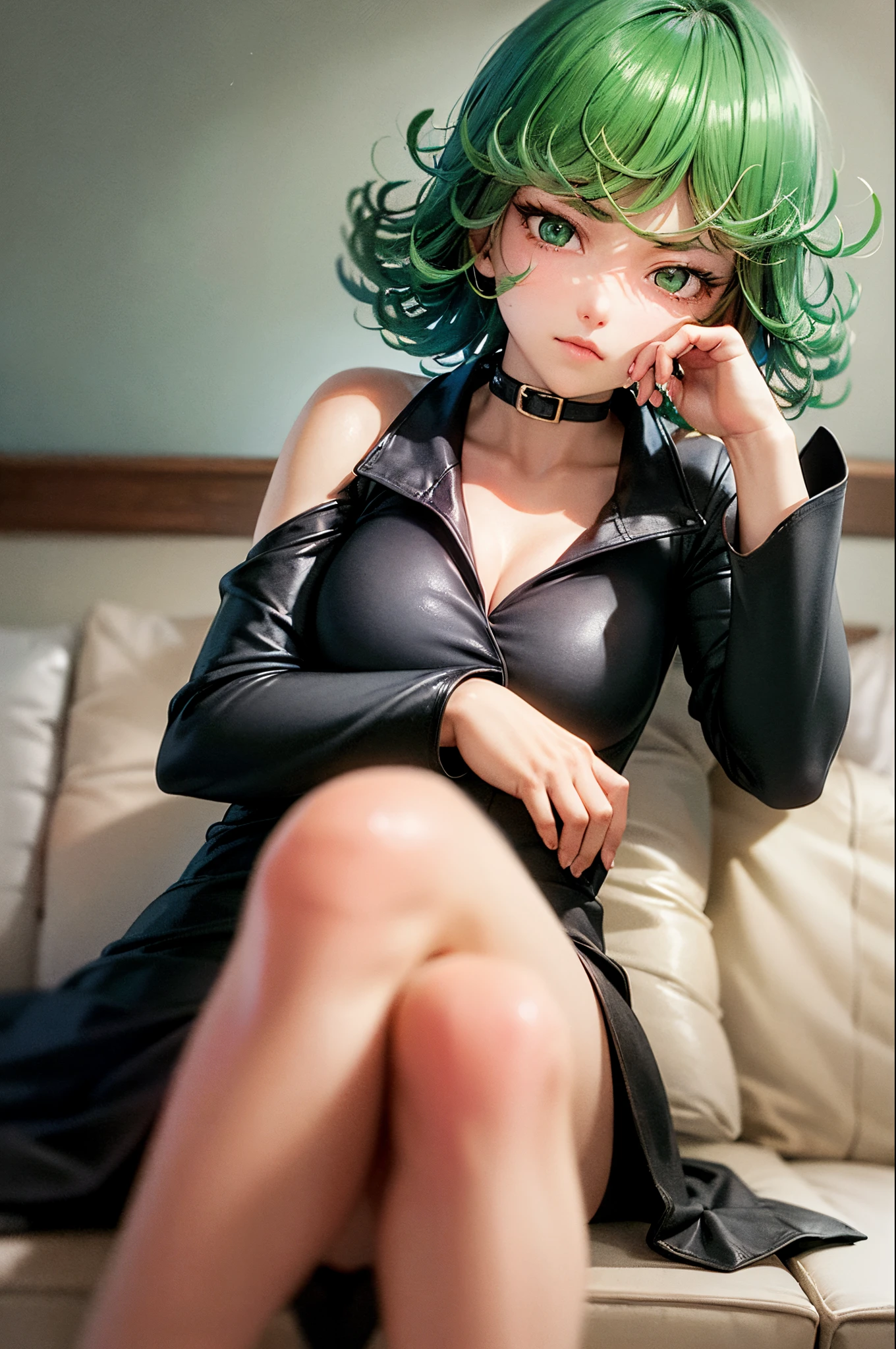 (masterpiece, best quality:1.2), solo, 1girl, tatsumaki, unamused, closed mouth, looking at viewer, hand on own face, sitting, crossed legs,black dress