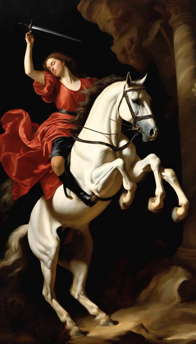 an oil painting,, A breathtaking masterpiece, Vivid, Caravaggio, 8K,angelicales,Lots of people,Fallen Angel,female knight riding a black horse,and an angel,looking left,White Angel