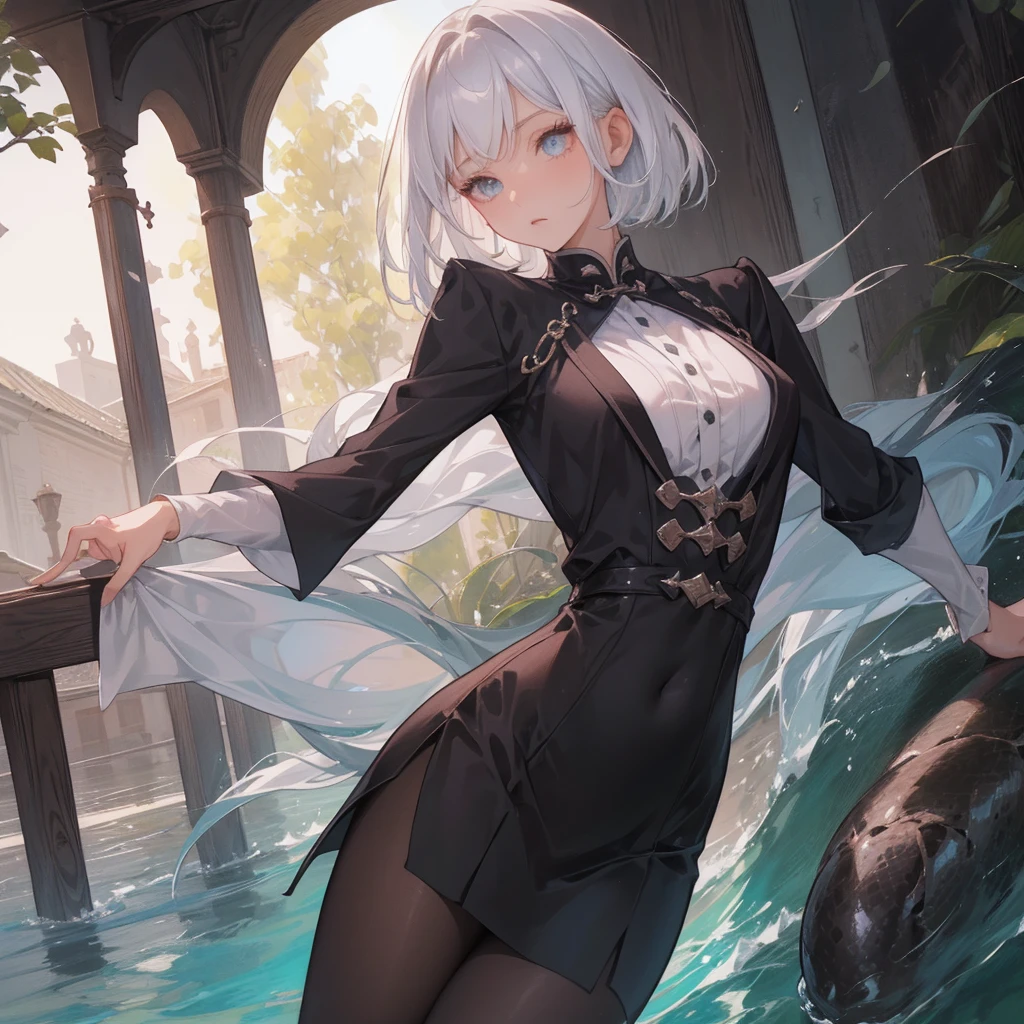 (melhor qualidade: 1.0), (super high res: 1.0), 1girl, personagem extremamente detalhado, detailed hands, Half-dragon girl, chifres, Dragon horns, Girl with black dragon tail, Black dragon tail, Cabelo extremamente detalhado, cabelo curto, ((short hair)), ((cabelos brancos)), ((mechas da cor preta)), olhos extremamente detalhados, olho com cores diferentes, Heterocromia, Olho direito de cor branca, Olho esquerdo de cor preta, dragon eyes, 2D, Arte de Anime, ((barnet)), ((full body)), standing on her feet, medieval, RPG, pequena, (baixa), (Altura Pequena), peitos pequenos, (adolescente), olhar morto, grim expression, look of tiredness, expressionless look, olheiras, camisa de manga comprida, Black jacket, brincos de estrela + Branco, medieval chinese dress + preto, pantyhose + black + white, salto alto, capa preta