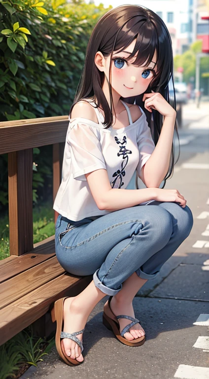 Cute girl wears jeans and sandals on bare feet、Wearing fashionable tops