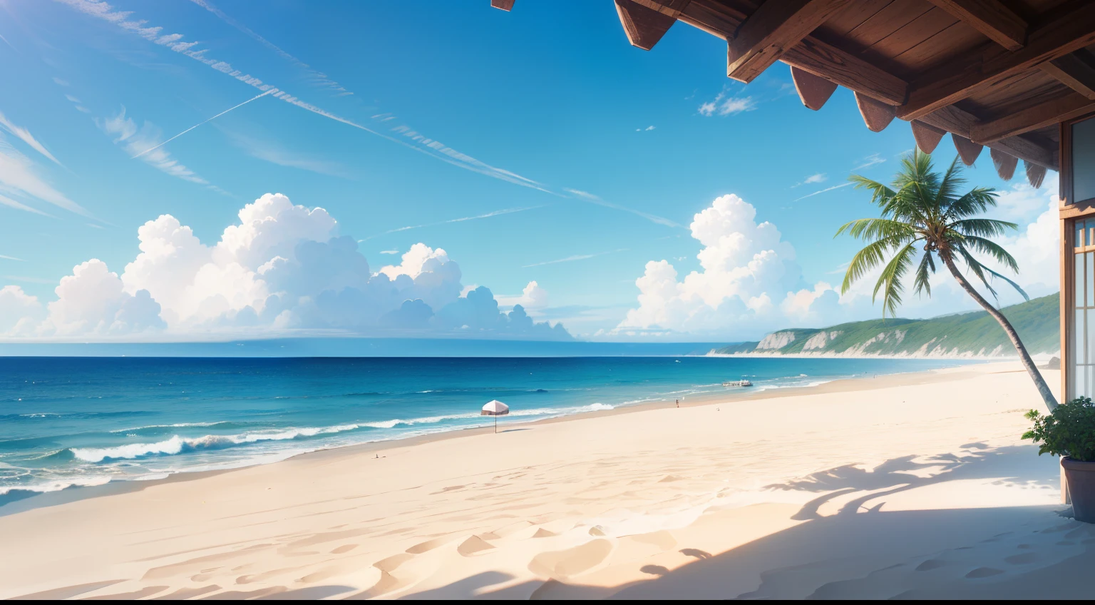 Virgin beach, you can see a lot of sand, ((Very far away you can see the sea :1.6)), In the distance you can see the horizon line, fantasy blue sky, 8K、maximum quality, realistic, On the horizon you can see the blue sea calm and lots of sand on the beach, at noon, without vegetation, without palm trees,