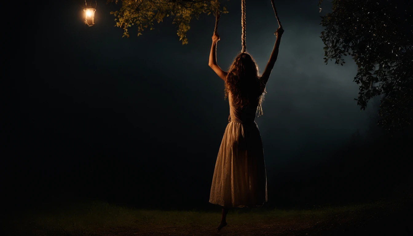 dark and rainy night, Horror style, A woman is hanging herself from a tree, Woman hanging herself with a rope from a tree, hanged woman, hanging, s whole body, hanged woman,