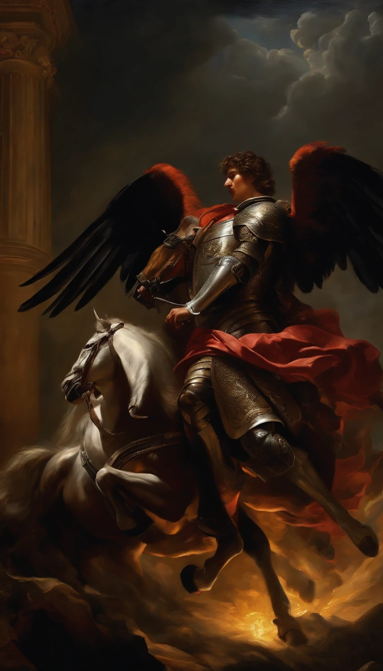 an oil painting, A breathtaking masterpiece, Vivid, Caravaggio, 8K,angelicales,Lots of people,Fallen Angel,Duel Knight Battle Angel vs Human Multiplayer Night