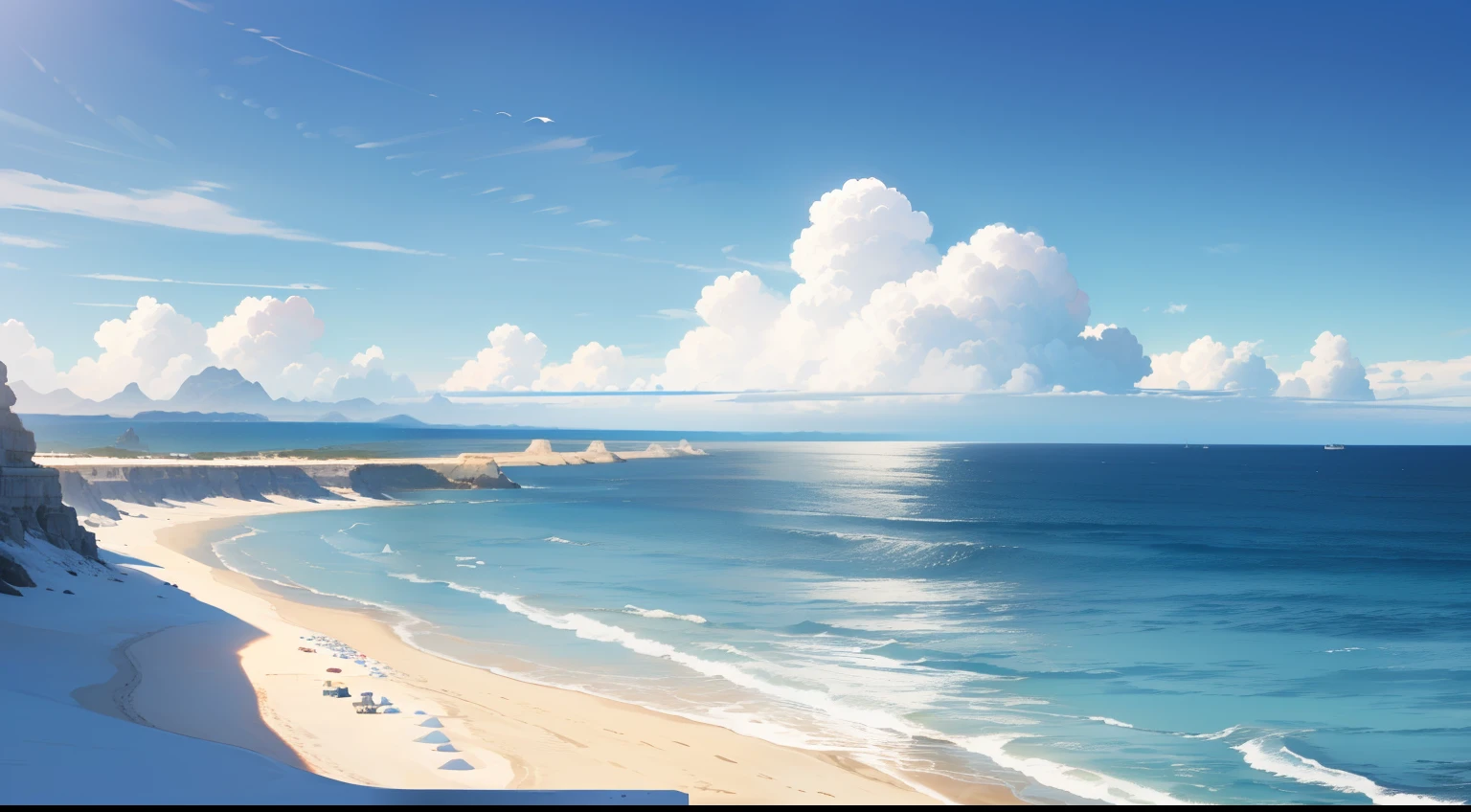 Virgin beach, you can see a lot of sand, ((Very far away you can see the sea :1.6)), In the distance you can see the horizon line, fantasy blue sky, 8K、maximum quality, realistic, On the horizon you can see the blue sea calm and lots of sand on the beach, at noon, without vegetation, without palm trees,