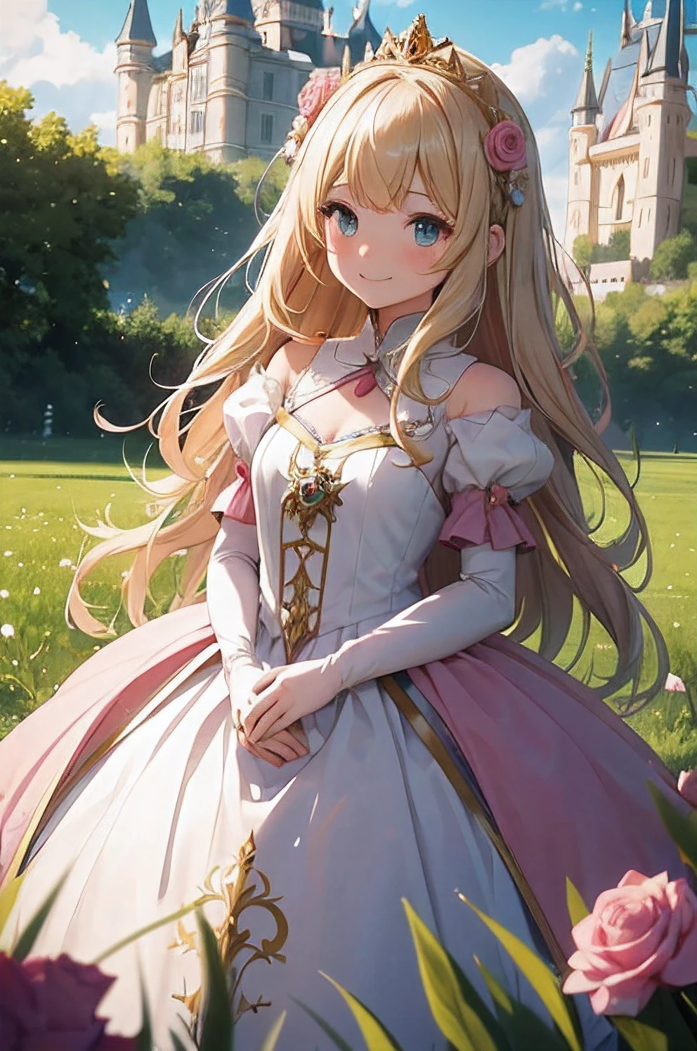 girl princess、blonde roll hair、In front of a castle in Europe、depth of fields、small crown、medieval pink dress、Brown gloves、grass field、Stand with pride、they are laughing cheerfully.、Facing the front、There are large rose hair clips on the left and right sides of the head.。.。、Green eyes