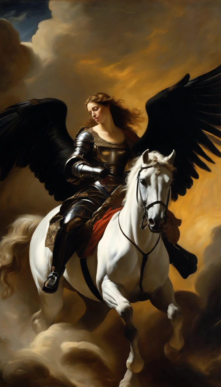 an oil painting,, A breathtaking masterpiece, Vivid,  Caravaggio, 8K，angelicales，Lots of people，Fallen Angel，female knight riding a black horse，and an angel，looking left，White Angel