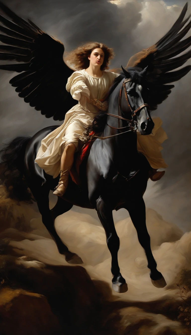 an oil painting,, A breathtaking masterpiece, Vivid, Caravaggio, 8K,angelicales,Lots of people,Fallen Angel,female knight riding a black horse,and an angel,looking left,White Angel