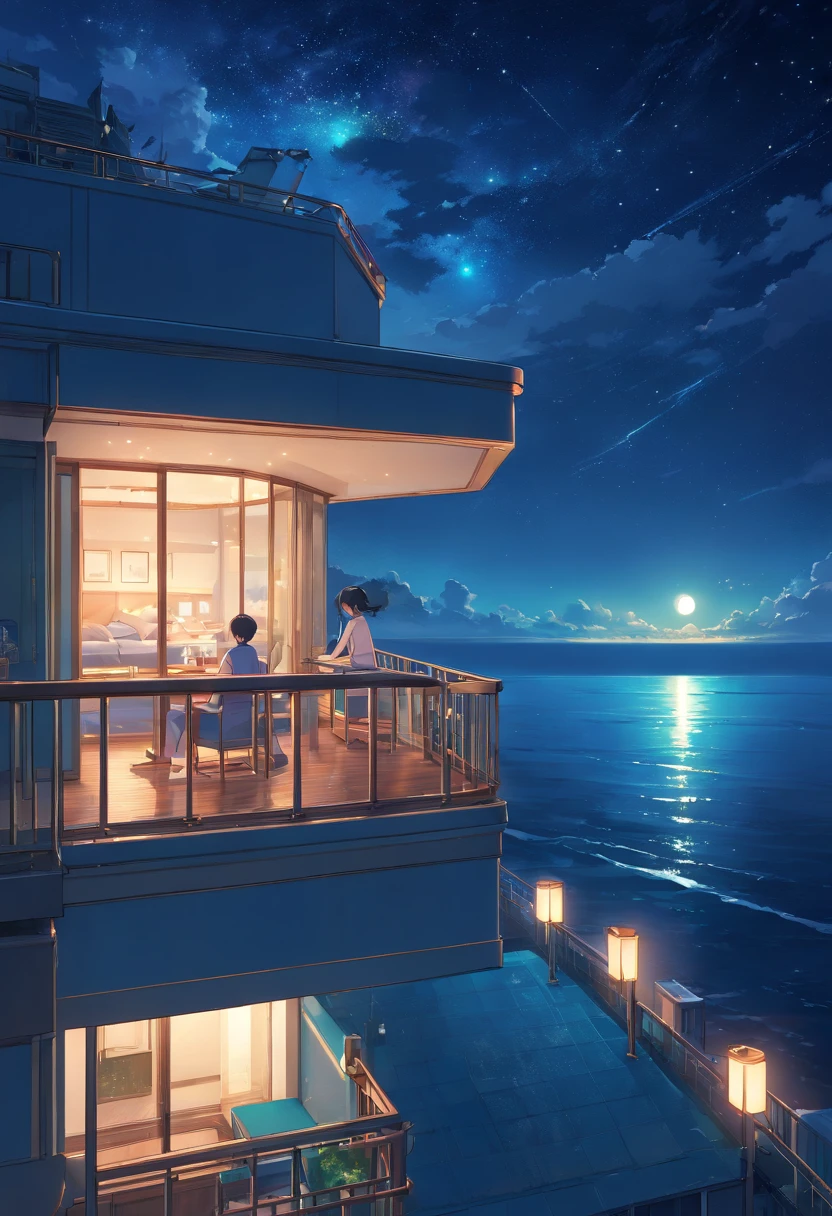 View from the large balcony of a luxury hotel、Starry sky and night sea floating on a moonlit night　dimmed atmosphere　indirect lighting