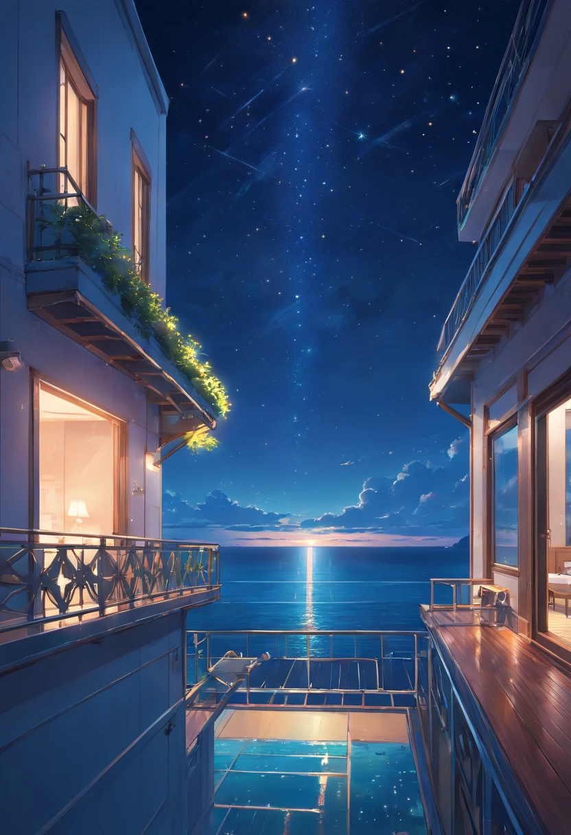 View from the large balcony of a luxury hotel、Starry sky and night sea floating on a moonlit night dimmed atmosphere indirect lighting
